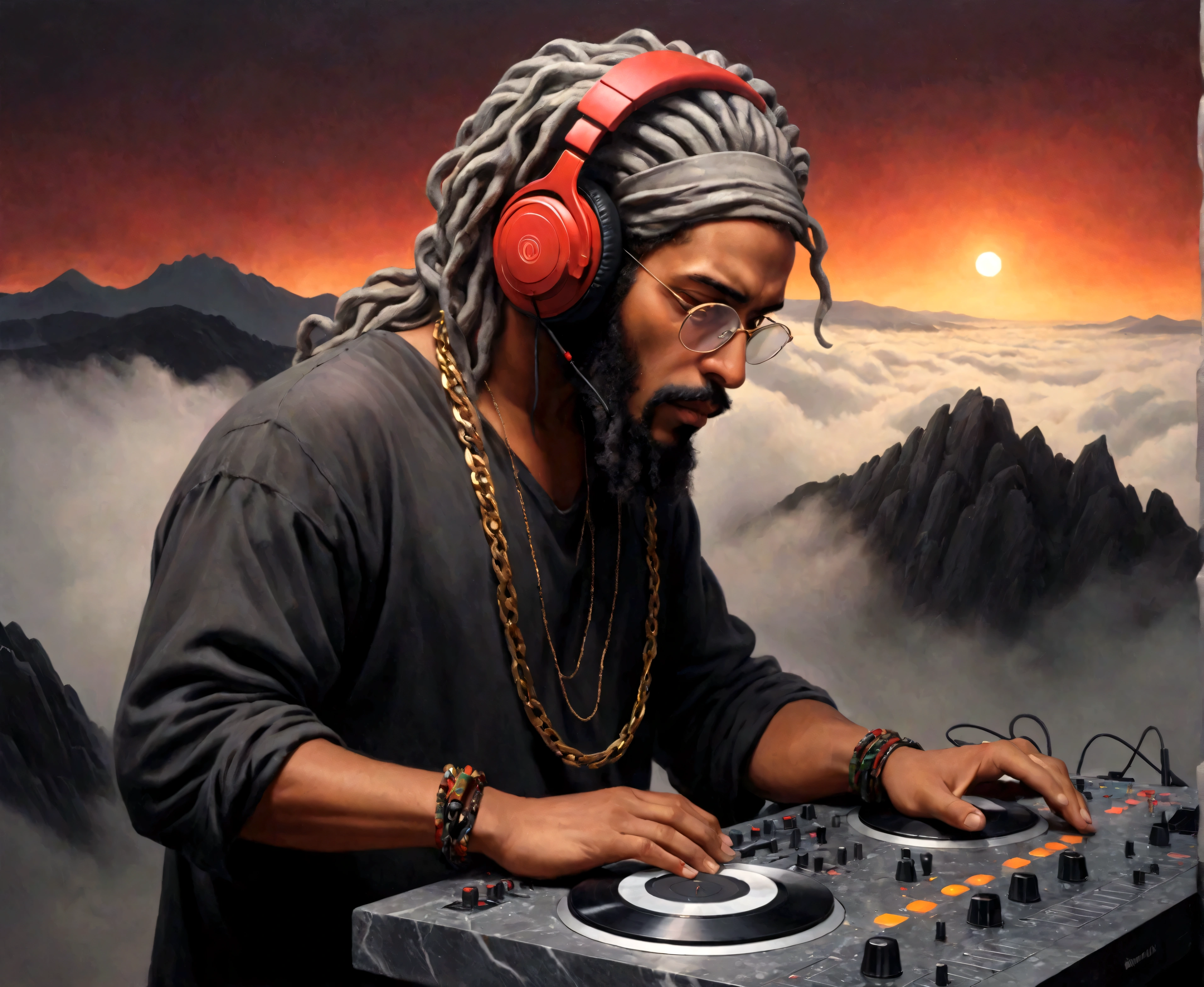A stoic Greek man made of gray stone with one hand adjusting the headphones and the other on the soundboard.. A toned body with DJ, a thick fog all around, a red beam in the sky illuminates the fog. In the background there are black mystical mountains, bright colors, high contrast of tones, dark atmosphere, seen from above. The figure must be in a dynamic pose, with one hand adjusting the headphones and the other on the soundboard🎚️. The sculpture must have the following characteristics: Headphones, Large and modern, detailed carved in marble. Gold Chain: A robust and well-detailed chain hanging from the neck.Transparent Glasses: Glasses with a translucent appearance, sculpted to look like glass.Rasta Hair: Dreadlocks falling forward, partially covering the face, but without hiding important details.4k image 8k beautiful and very detailed high quality full shot