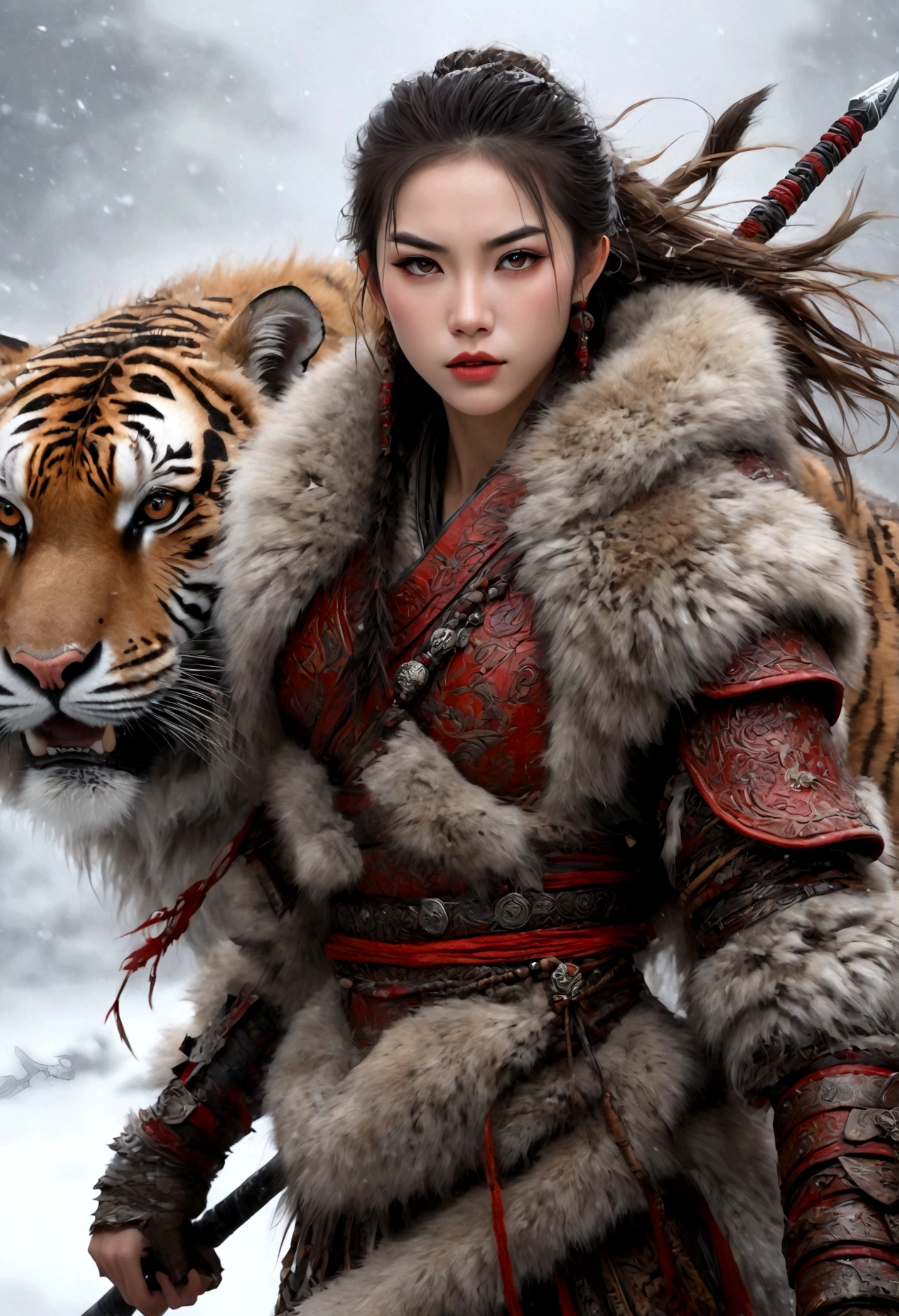 (best quality,4k,8K,high resolution,masterpiece:1.2),Very detailed,(actual,photoactual,photo-actual:1.37),Thick fur winter coat,Creative fusion of traditional Chinese design patterns and contemporary elements, High Ponytail，There is blood on the face，Red paint， Strong expression, Full of energy, Sharp eyes, 1 warrior, Handsome face, Tiger beast, Epic Fantasy Character Art, wearing intricate fur armor, Luis Royo (Luis Royo) style, Northern female warrior holding a spear, HDR, Ultra high quality, Studio Lighting, Ultra-fine, Be focused, Physically Based Rendering, Very detailed的描述, professional, Vibrant colors, Bokeh, portrait, landscape