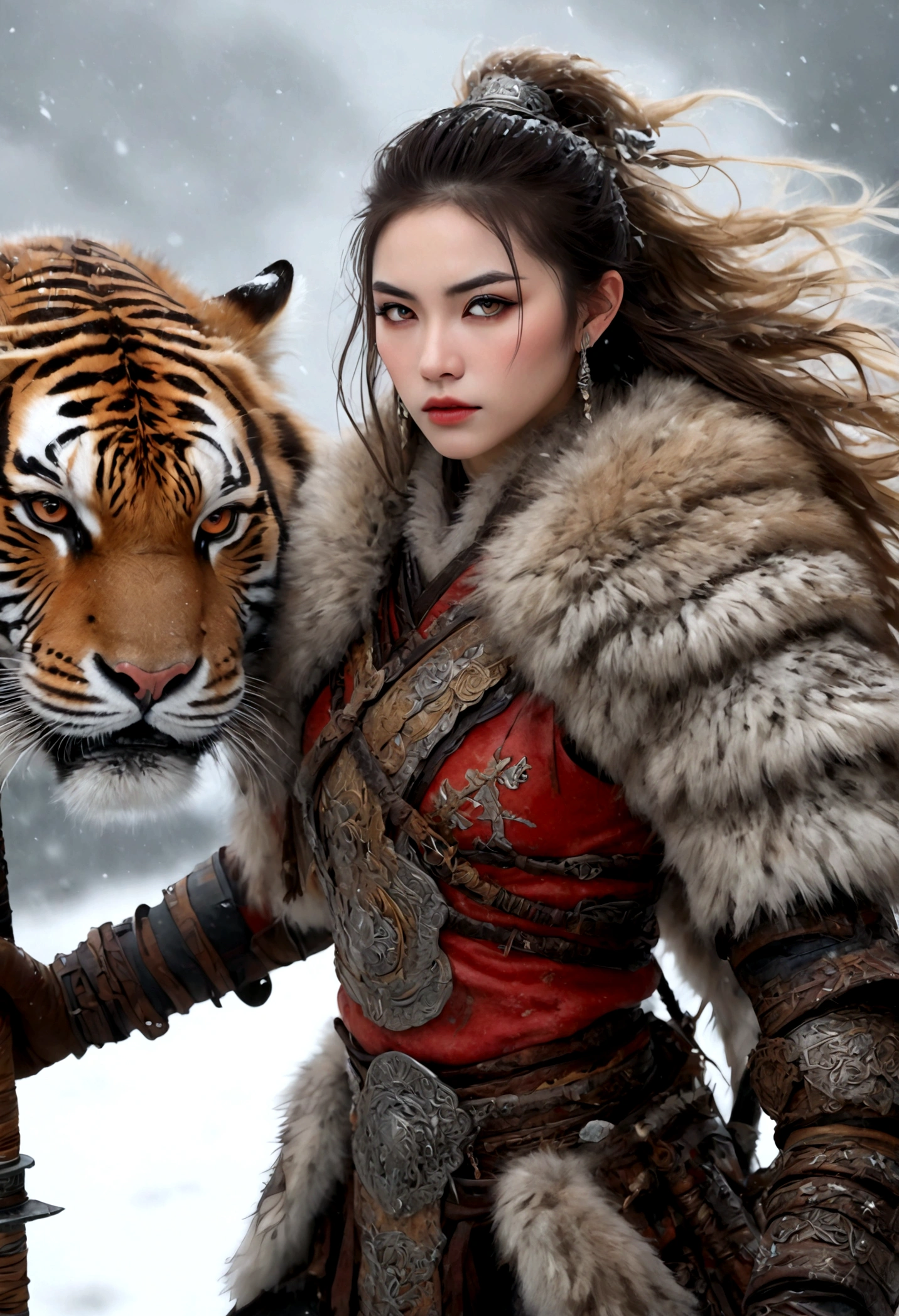 (best quality,4k,8K,high resolution,masterpiece:1.2),Very detailed,(actual,photoactual,photo-actual:1.37),Thick fur winter coat,Creative fusion of traditional Chinese design patterns and contemporary elements, High Ponytail，There is blood on the face，Red paint， Strong expression, Full of energy, Sharp eyes, 1 warrior, Handsome face, Tiger beast, Epic Fantasy Character Art, wearing intricate fur armor, Luis Royo (Luis Royo) style, Northern female warrior holding a spear, HDR, Ultra high quality, Studio Lighting, Ultra-fine, Be focused, Physically Based Rendering, Very detailed的描述, professional, Vibrant colors, Bokeh, portrait, landscape