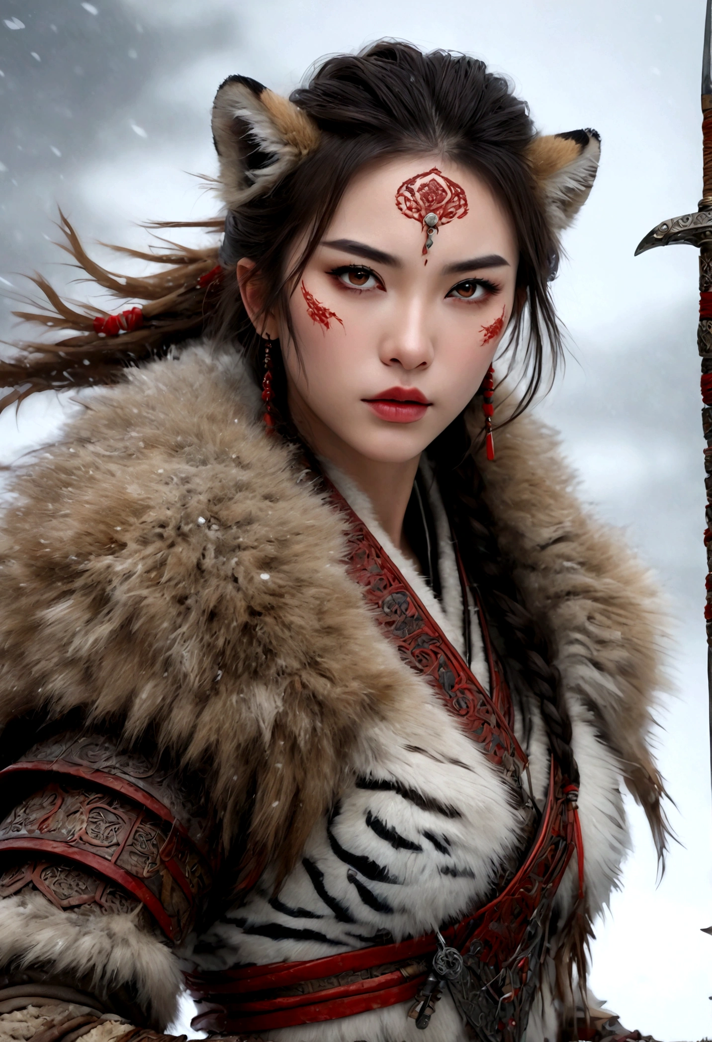 (best quality,4k,8K,high resolution,masterpiece:1.2),Very detailed,(actual,photoactual,photo-actual:1.37),Thick fur winter coat,Creative fusion of traditional Chinese design patterns and contemporary elements, High Ponytail，There is blood on the face，Red paint， Strong expression, Full of energy, Sharp eyes, 1 warrior, Handsome face, Tiger beast, Epic Fantasy Character Art, wearing intricate fur armor, Luis Royo (Luis Royo) style, Northern female warrior holding a spear, HDR, Ultra high quality, Studio Lighting, Ultra-fine, Be focused, Physically Based Rendering, Very detailed的描述, professional, Vibrant colors, Bokeh, portrait, landscape