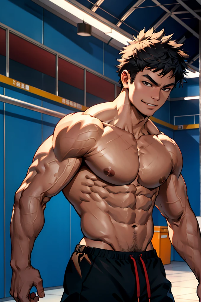 肌肉发达的sports员, A topless、身穿黑色sports裤的年轻人, defined abs, Huge muscles, Confident smile, sports, Handsome, Chiaroscuro lighting, sharp contrast, number, Surrealism, Movie, 8K, high resolution, masterpiece, Reality