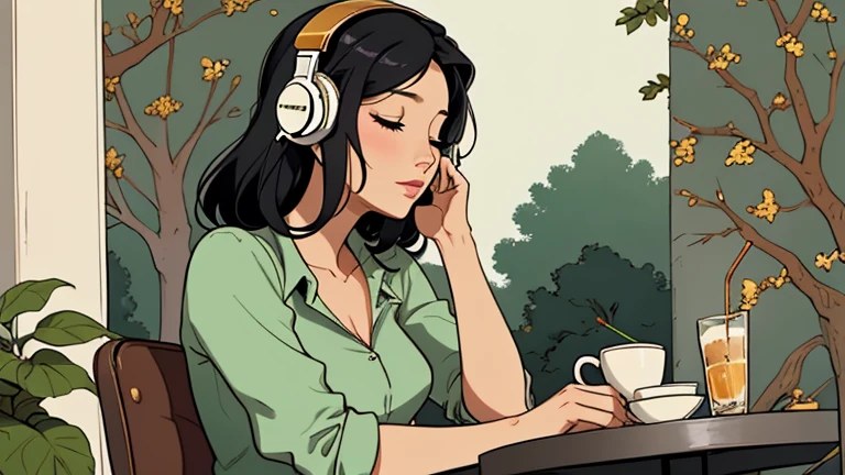 Beautiful woman in her 30s with black hair is sitting with headphones on the cafe terrace. Looking down, eyes closed, LOFI girl, alone in the room, blouse, cozy wallpaper, relaxing mood, cozy, only five fingers, Beautiful trees,