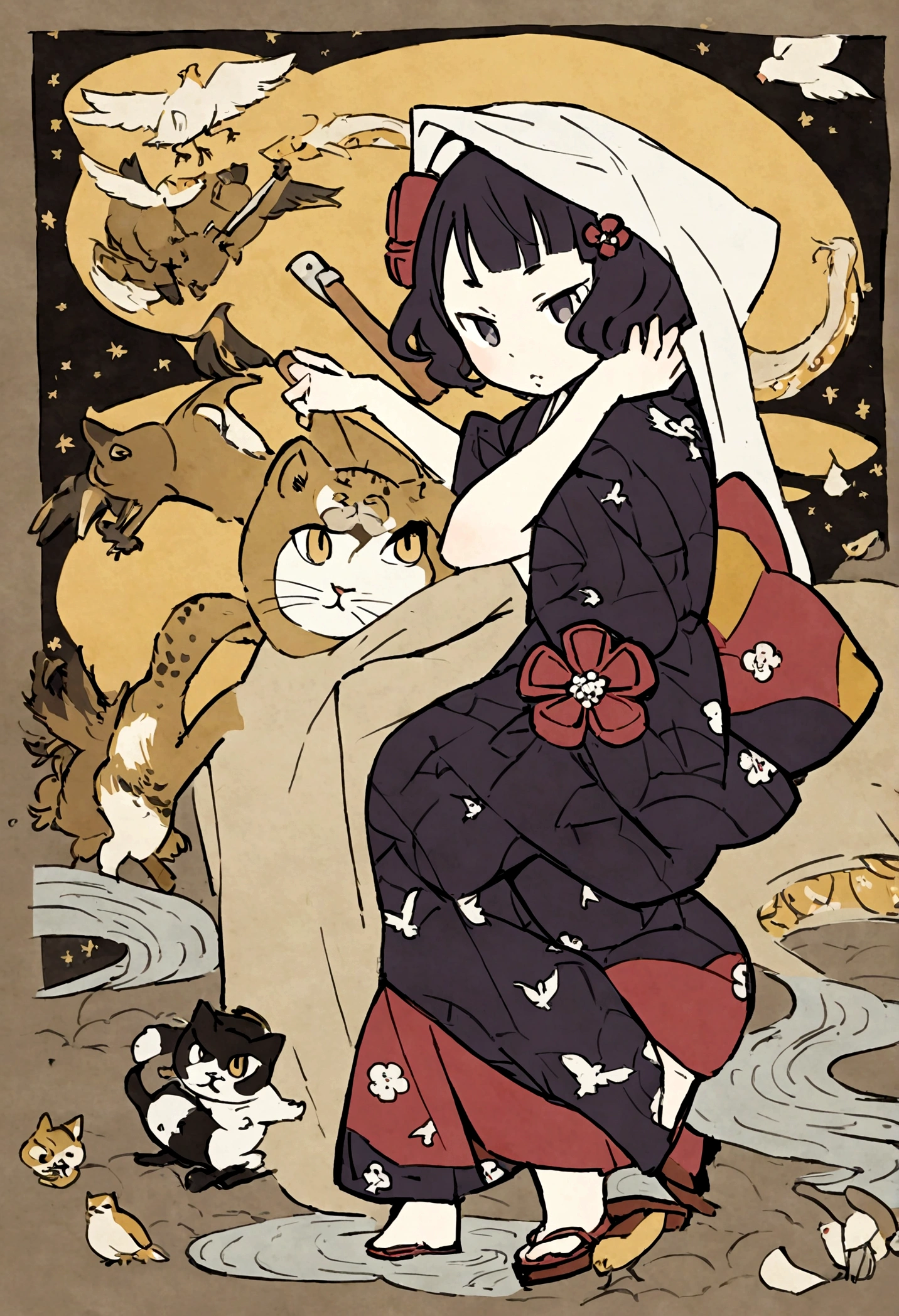 Anthropomorphic cat, dancing with towel over head, cleaning with hatchet, Katsushika Hokusai, Utagawa Kuniyoshi, Birds and beasts caricature, delicate and detailed, Ukiyoe style, girl