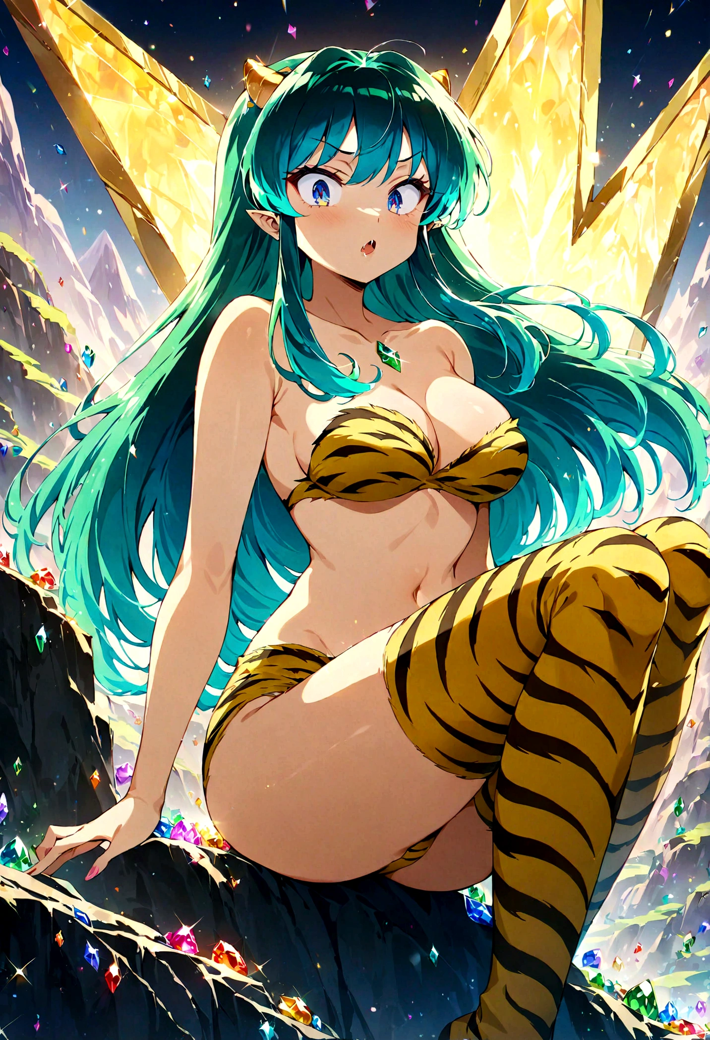 (score_9, score_8_up, score_7_up), lum, solo, long hair, breasts, dark blue eyes, eyeshadow, dark green hair, bangs, tiny tiger-stripped horns, aqua hair, tsundere, 4k, intricately detailed, source_anime, best quality, (masterpiece),(ultra-detailed), (high quality), (high resolution), mountain of gems, sitting on a mountain of gems, a sword is stuck on top of a mountain of gems, a sword sticks out of a pile of gems, arrogant look, fangs on down lip, gems are falling from the left hand, right hand rakes gems, perfect proportions, perfect proportions, extremely detailed face, (Best quality at its best, high detail, masterpiece, official art, movie light effect, 4K, 8K)