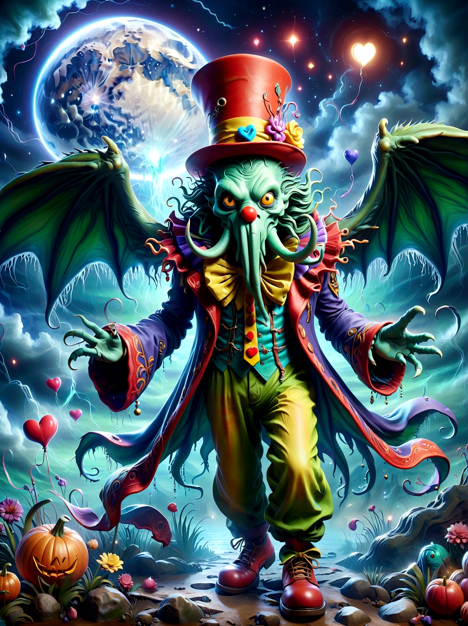 (A Cthulhu monster:1.5)，Dress up as a clown，With a mischievous smile on his face，Eyes wide open，sparkling，His figure is slender，Dressed in chaotic and brightly colored clothes，Includes an ornate hat with a heart symbol，Baggy pants and oversized shoes，This character shows vivid excitement，Arms open，As if preparing to perform magic，Hovering in an otherworldly landscape