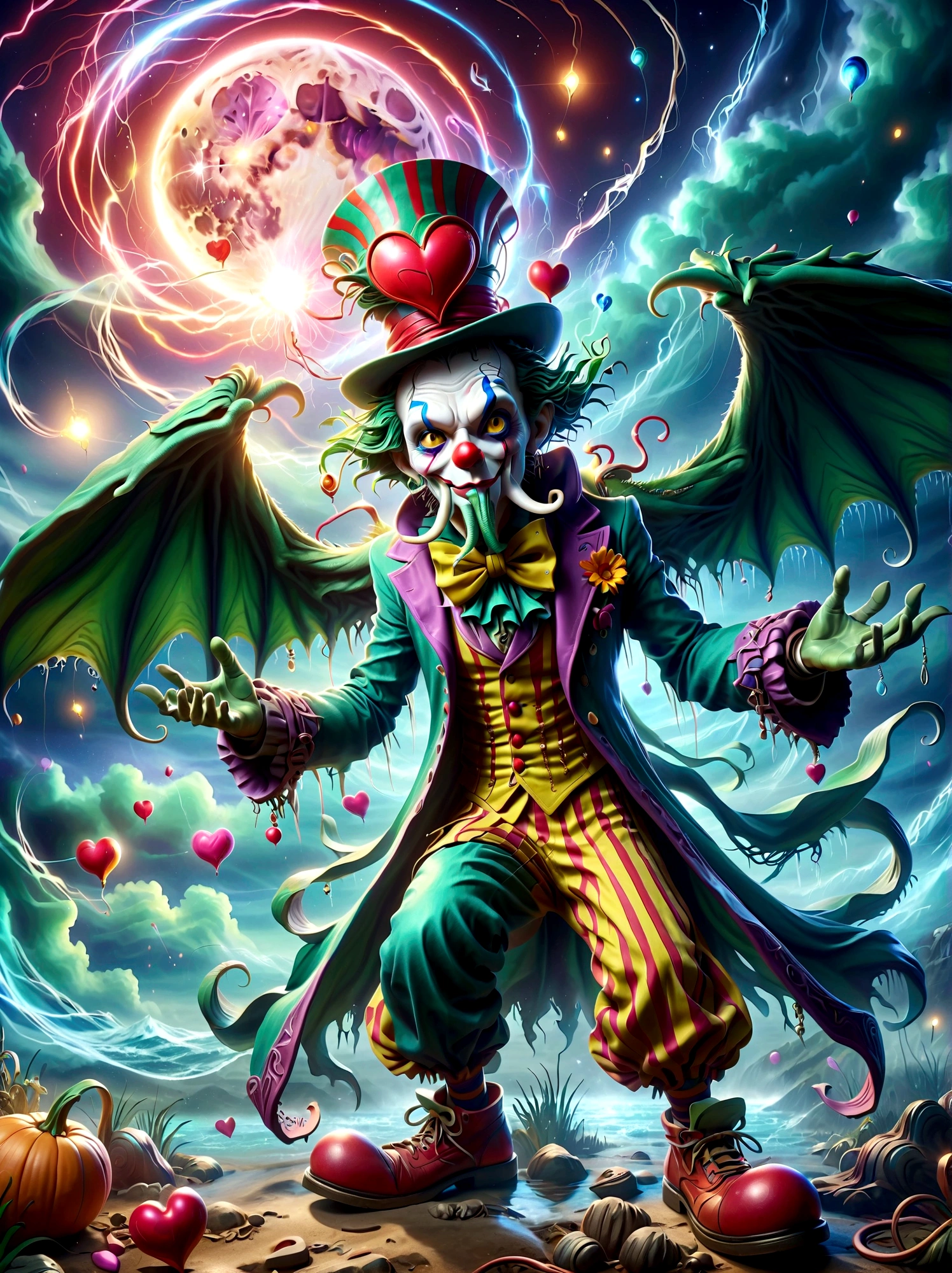 (A Cthulhu monster:1.5)，Dress up as a clown，With a mischievous smile on his face，Eyes wide open，sparkling，His figure is slender，Dressed in chaotic and brightly colored clothes，Includes an ornate hat with a heart symbol，Baggy pants and oversized shoes，This character shows vivid excitement，Arms open，As if preparing to perform magic，Hovering in an otherworldly landscape