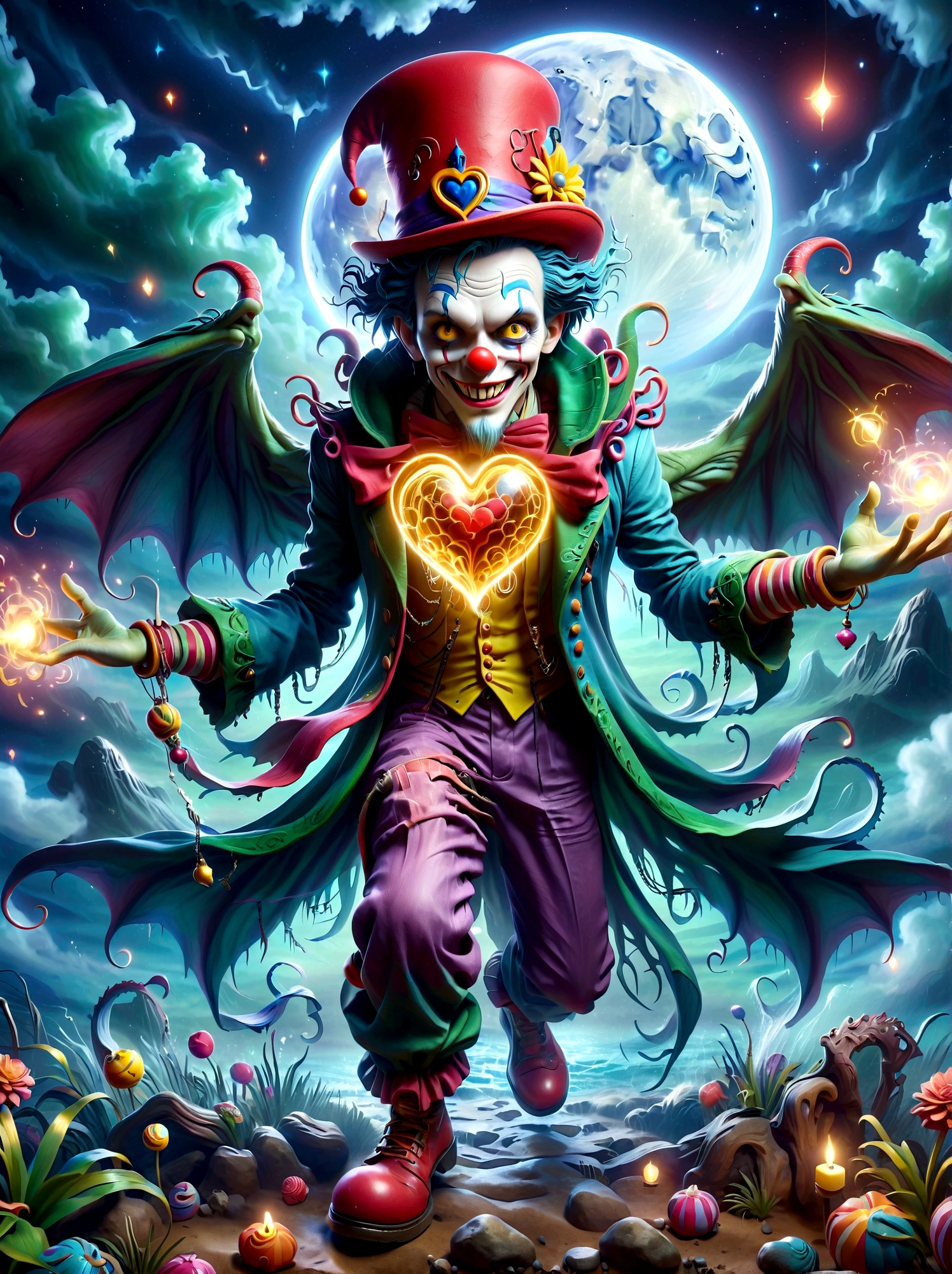 (A Cthulhu monster:1.5)，Dress up as a clown，With a mischievous smile on his face，Eyes wide open，sparkling，His figure is slender，Dressed in chaotic and brightly colored clothes，Includes an ornate hat with a heart symbol，Baggy pants and oversized shoes，This character shows vivid excitement，Arms open，As if preparing to perform magic，Hovering in an otherworldly landscape