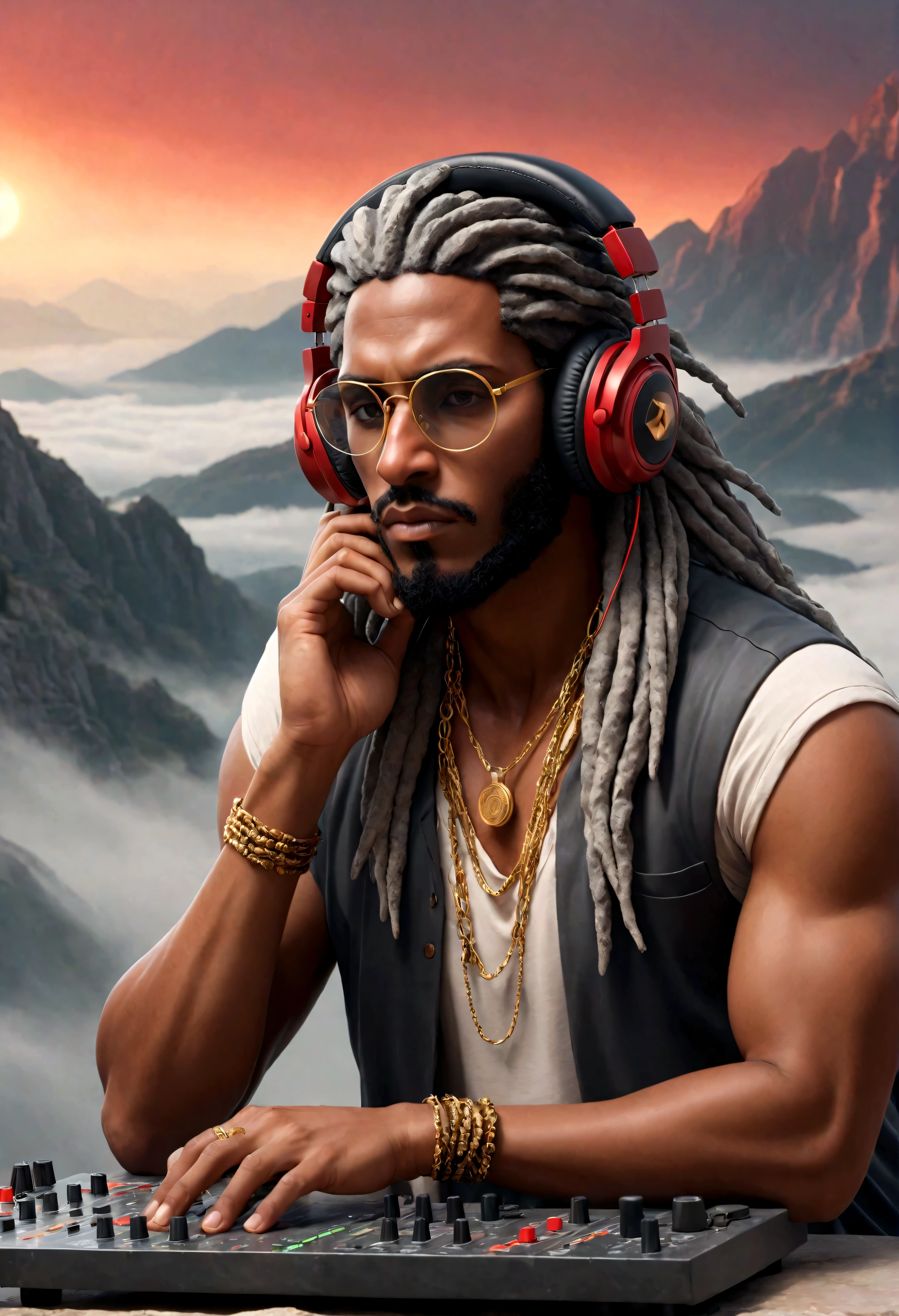 A stoic Greek man made of gray stone with one hand adjusting the headphones and the other on the soundboard.. A toned body with DJ, a thick fog all around, a red beam in the sky illuminates the fog. In the background there are black mystical mountains, bright colors, high contrast of tones, dark atmosphere, seen from above. The figure must be in a dynamic pose, with one hand adjusting the headphones and the other on the soundboard🎚️. The sculpture must have the following characteristics: Headphones, Large and modern, detailed carved in marble. Gold Chain: A robust and well-detailed chain hanging from the neck.Transparent Glasses: Glasses with a translucent appearance, sculpted to look like glass.Rasta Hair: Dreadlocks falling forward, partially covering the face, but without hiding important details.4k image 8k beautiful and very detailed high quality full shot