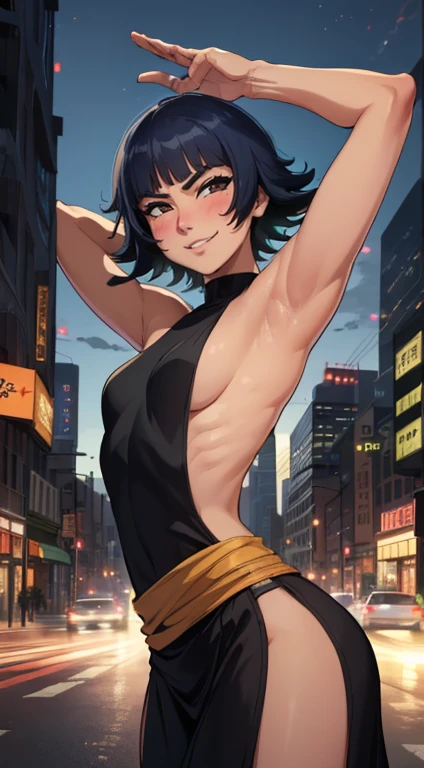 (melhor qualidade:1.3), (quality 4K), soifon, ((detailed face)),((smile)), ((curvy body)), (small breast), sexy, (( cut hair)), ((sleeveless)), ((city)), arms up, armpits visible