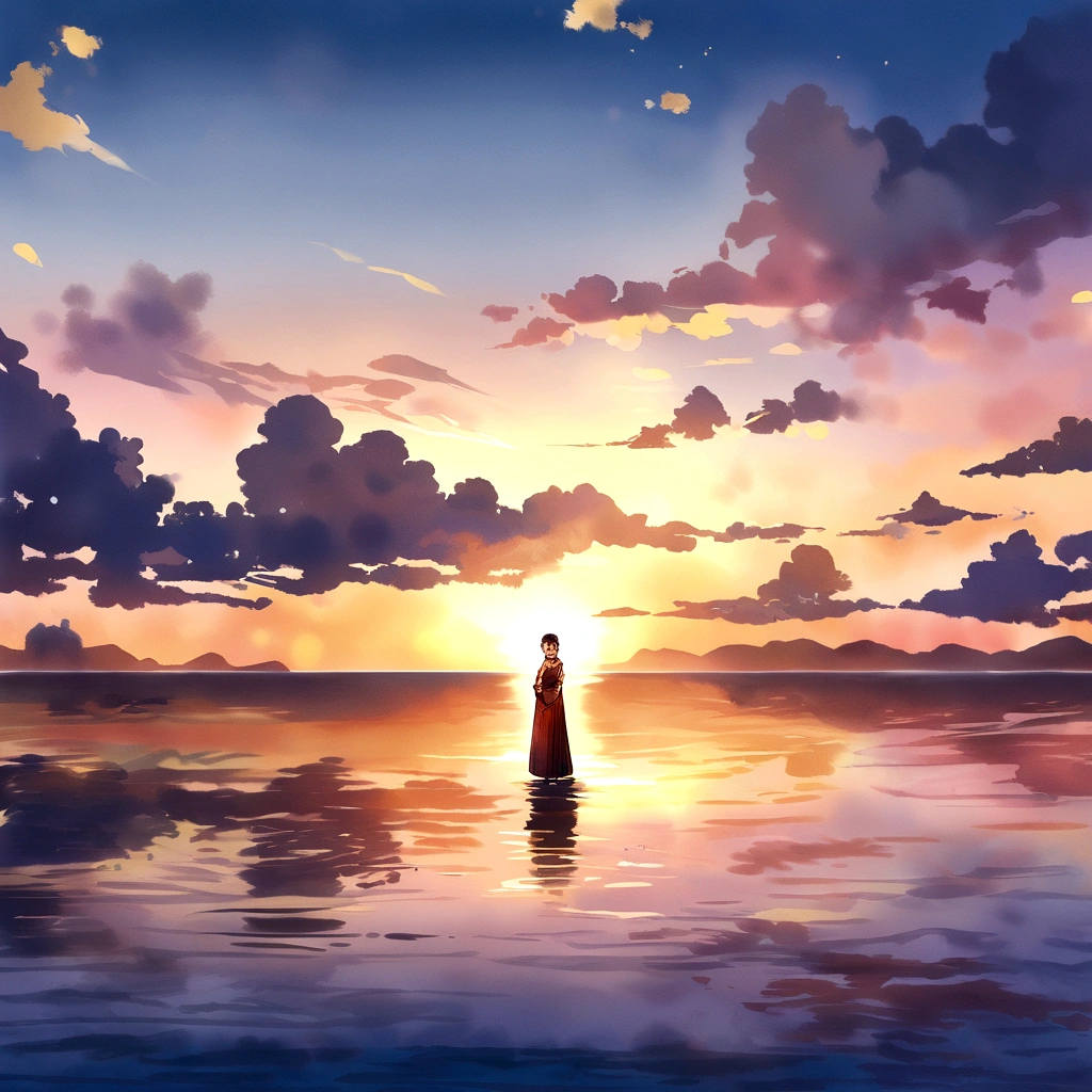 A watercolor masterpiece depicting the sunset over the ocean, Sky and water merge in a harmonious dance of warm and cold tones. Palavras-chave descritivas: Harmonious sunset, Tianshui Fusion, Watercolor fusion, Quiet days at night, artistic interpretation. camera type: Placa de aquarela. hora do dia: sunset atmosphere. Estilo de arte: Arte e harmonia. por artista: Sunset Harmony - AR 16:9