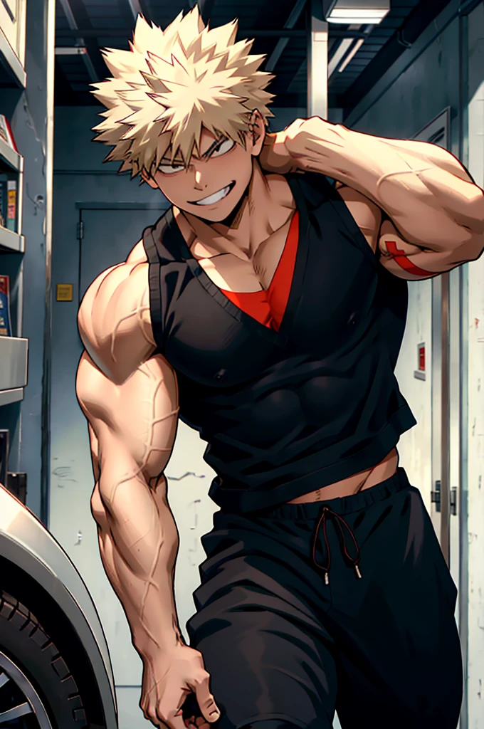 Bakugo Katsuki《My Hero Academia》, Wearing black sweatpants and a black vest, Smile, Bodybuilder, definition, Abdominal muscles, Big Muscle