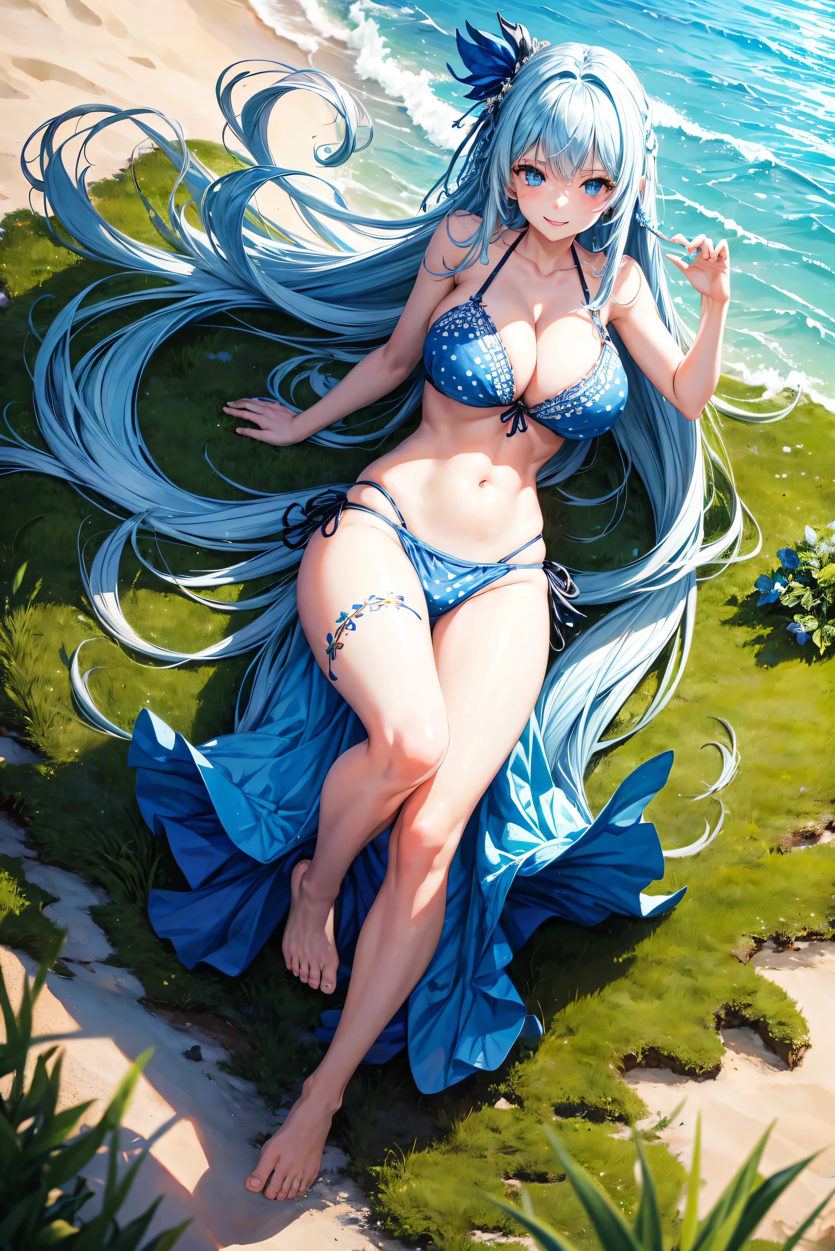 1girl, solo, long hair, pale blue hair, dark blue bikini, huge breasts, dotted bra, blue eyes, grass skirt, barefoot, smile, jump, water, looking at the viewer, full body