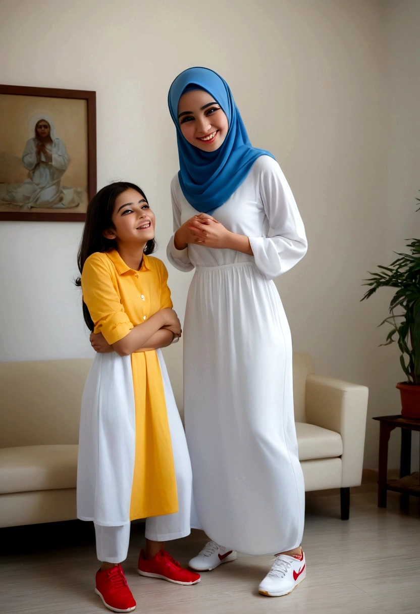 a very beautiful young girl 21 year old, wearing a blue hijab and a long white dress flower full color motif with the name "Syarifah", and with yellow dress trousers and red Nike shoes, standing indoor modern home. He was smiling happily, on his left was a scary devil teasing him, and on his right there was a angel glowing bright white, he a smiling happy and whispering kindness to the woman. Dramatic and spiritual feel. realistic
