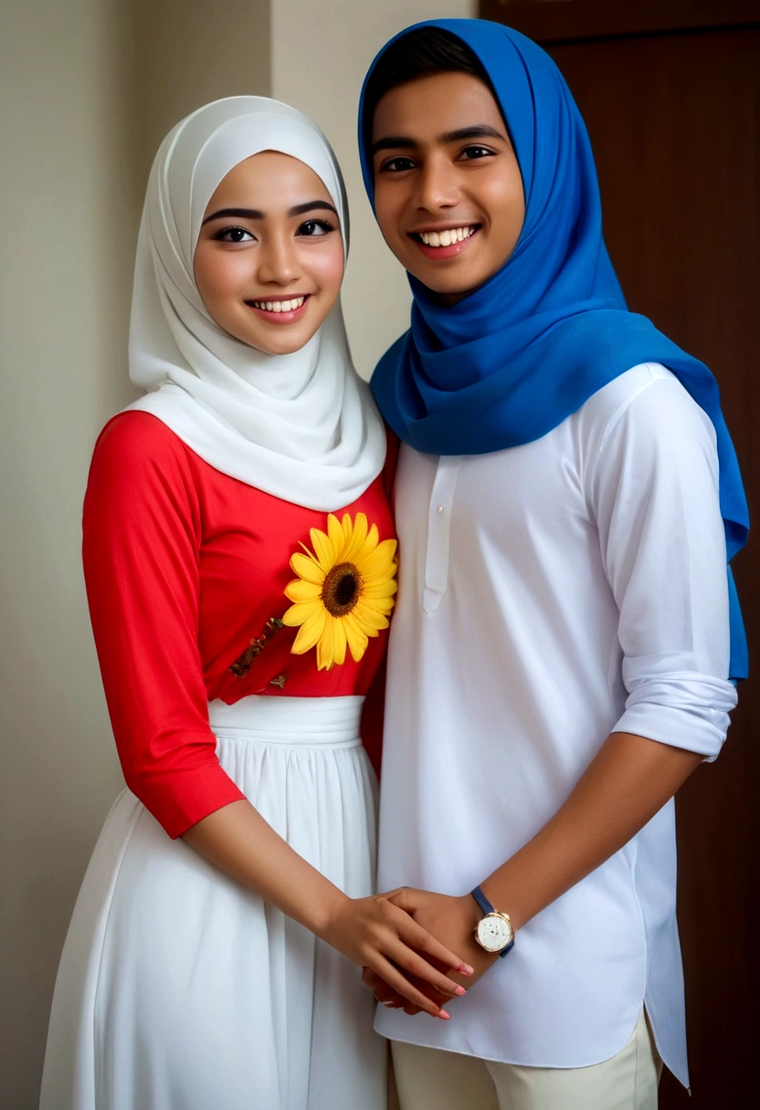 a very beautiful young girl 21 year old, wearing a blue hijab and a long white dress flower full color motif with the name "Syarifah", and with yellow dress trousers and red Nike shoes, standing indoor modern home. He was smiling happily, on his left was a scary devil teasing him, and on his right there was a angel glowing bright white, he a smiling happy and whispering kindness to the woman. Dramatic and spiritual feel. realistic
