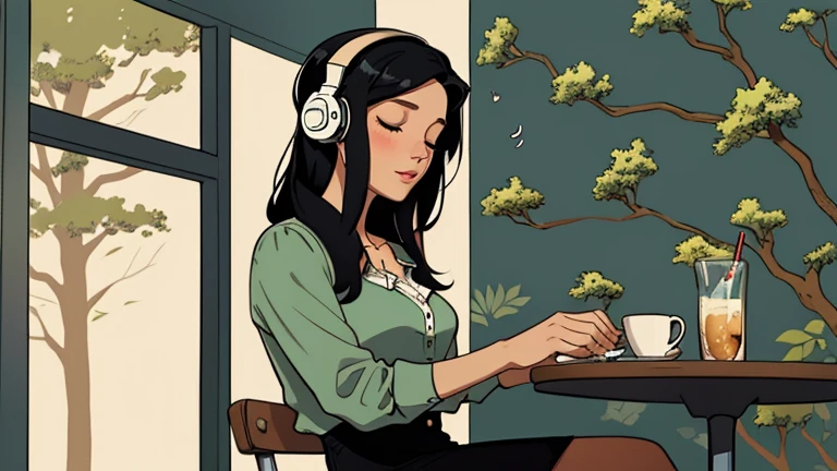 Beautiful woman in her 30s with black hair is sitting with headphones on the cafe terrace. Looking down, eyes closed, LOFI girl, alone in the room, blouse, cozy wallpaper, relaxing mood, cozy, only five fingers, Beautiful trees,