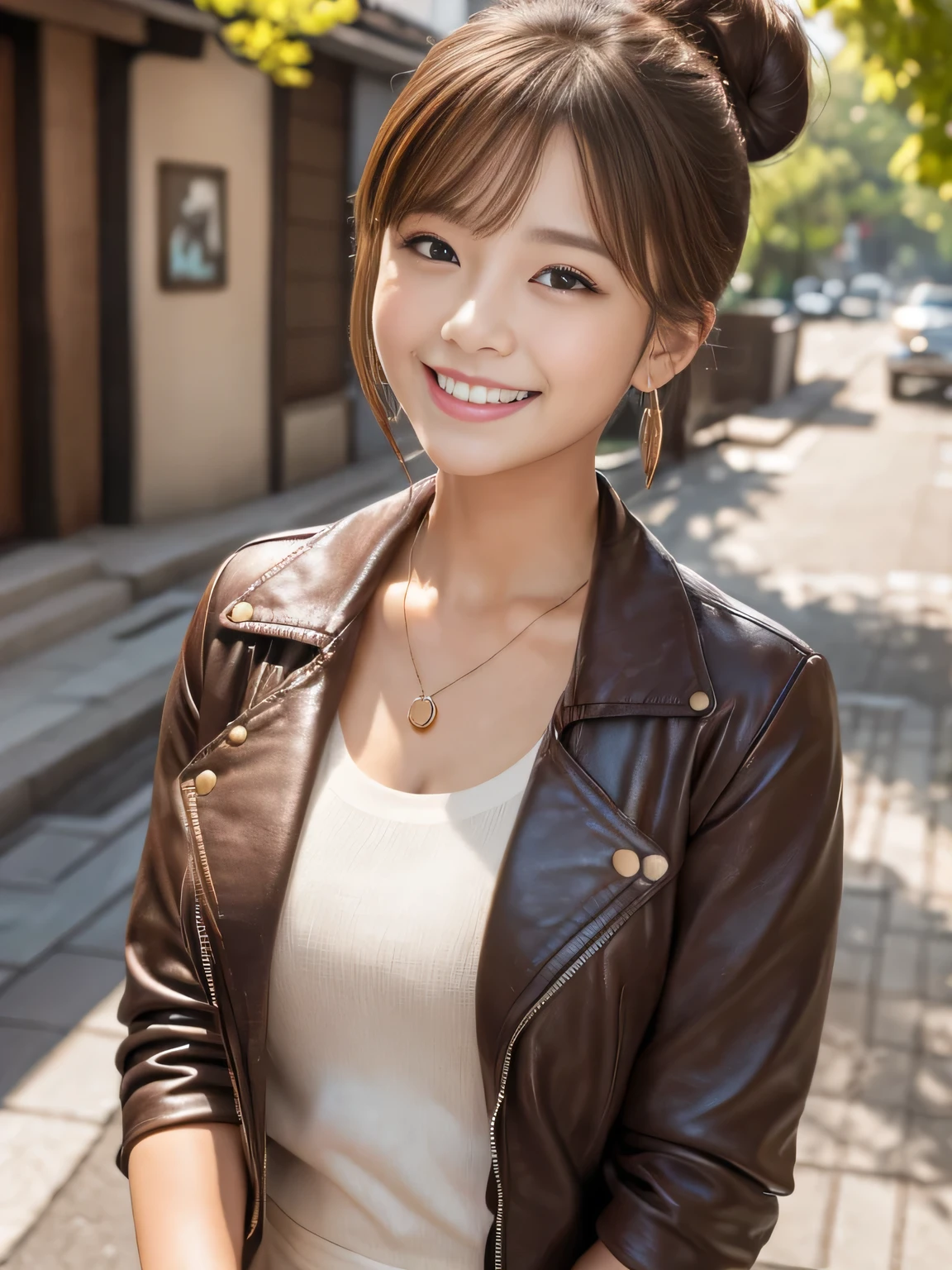 Ultra-high resolution, Superior Quality, highest quality, Very detailed, Realistic, 8k, RAW Photos, highest quality, masterpiece, Attractive girl, Awesome girl, Light brown hair、Hairstyle bun、 Japanese Idols, Sophisticated, stylish, leather jacket、shirt、smile、Beautiful teeth alignment、Ear piercing、Necklace around the neck、
