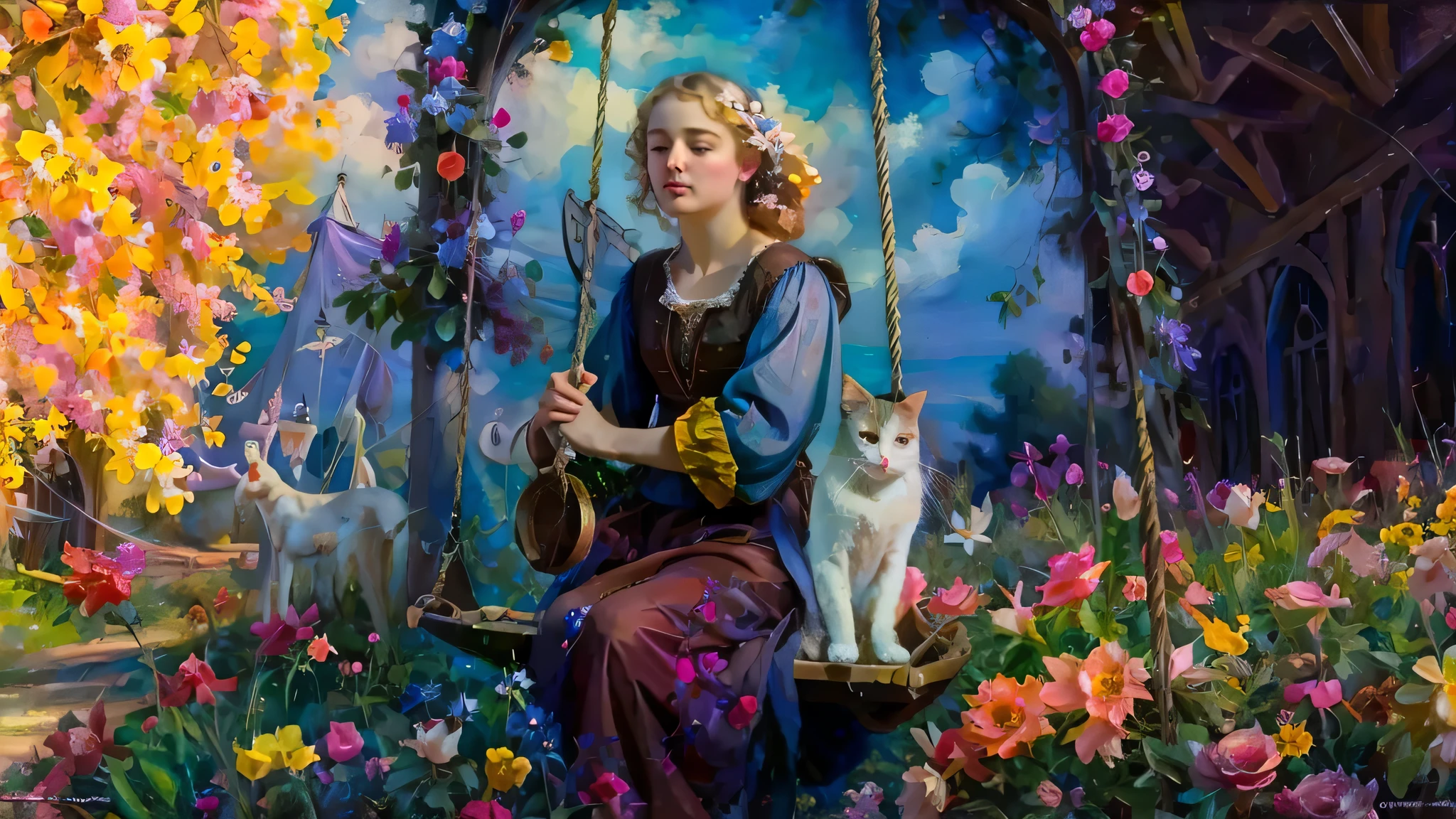 Painting of a young person resembling Dakota Fanning and Timothée Chalamet, la ropa es medieval y pirata, is on a swing with flowers and cats, magic night colors, Adolphe Bouguereau style, sensualidad