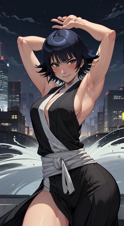 (melhor qualidade:1.3), (quality 4K), soifon, ((detailed face)),((smile)),((curvy body)),((shinigami oufit from bleach)) ,(small breast), sexy, (( cut hair)), ((sleeveless)), ((city)), arms up, armpits visible