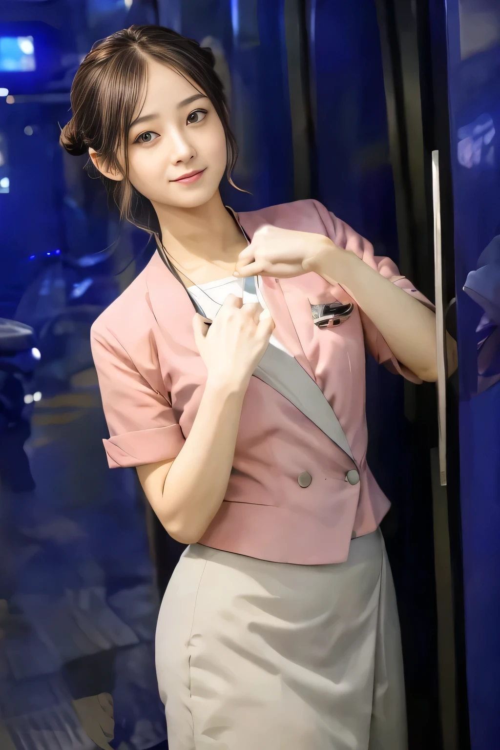 (masterpiece:1.2, highest quality:1.2), 32K HDR, High resolution, (alone、1 girl)、(On the rooftop of a building in the daytime、Professional Lighting)、Building rooftop background、(Nankai train crew uniform pinkを着たリアルスタイル)、(Nankai train crew uniform pink short sleeve collarless pink jacket、Nankai Train Crew Uniform Pink Collarless Short Sleeve Blouse、Nankai Train Crew Uniform Pink Grey Knee-length Culottes)、((The bottom of the pink short-sleeved jacket cannot be tucked into the clay-colored culottes.))、Dark brown hair、(Hair tied up、Hair Bun、Hair Bun)、Dark brown hair、Long Shot、Big Breasts、Thin legs、((Great hands:2.0)),((Harmonious body proportions:1.5)),((Normal limbs:2.0)),((Normal finger:2.0)),((Delicate eyes:2.0)),((Normal eyes:2.0)))、(Nankai Train Crew Uniform Pink Grey Knee-length Culottesを見せた美しい立ち姿)、smile