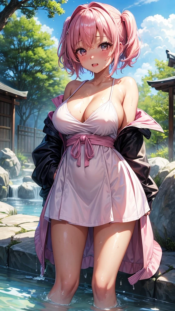 (highest quality)), ((masterpiece)), (Familiar), Perfect Face,Shiny skin,Beautiful breasts,Kyoto Animation style drawing,Shiny skin、hoodie、Sunburned skin、Sweat、Off the shoulder、Double teeth
、Short Hair、Twin tails、Pink Hair、Young、Big Breasts、Embrace、hot spring、dark skin、close、near、Having popsicles、night、