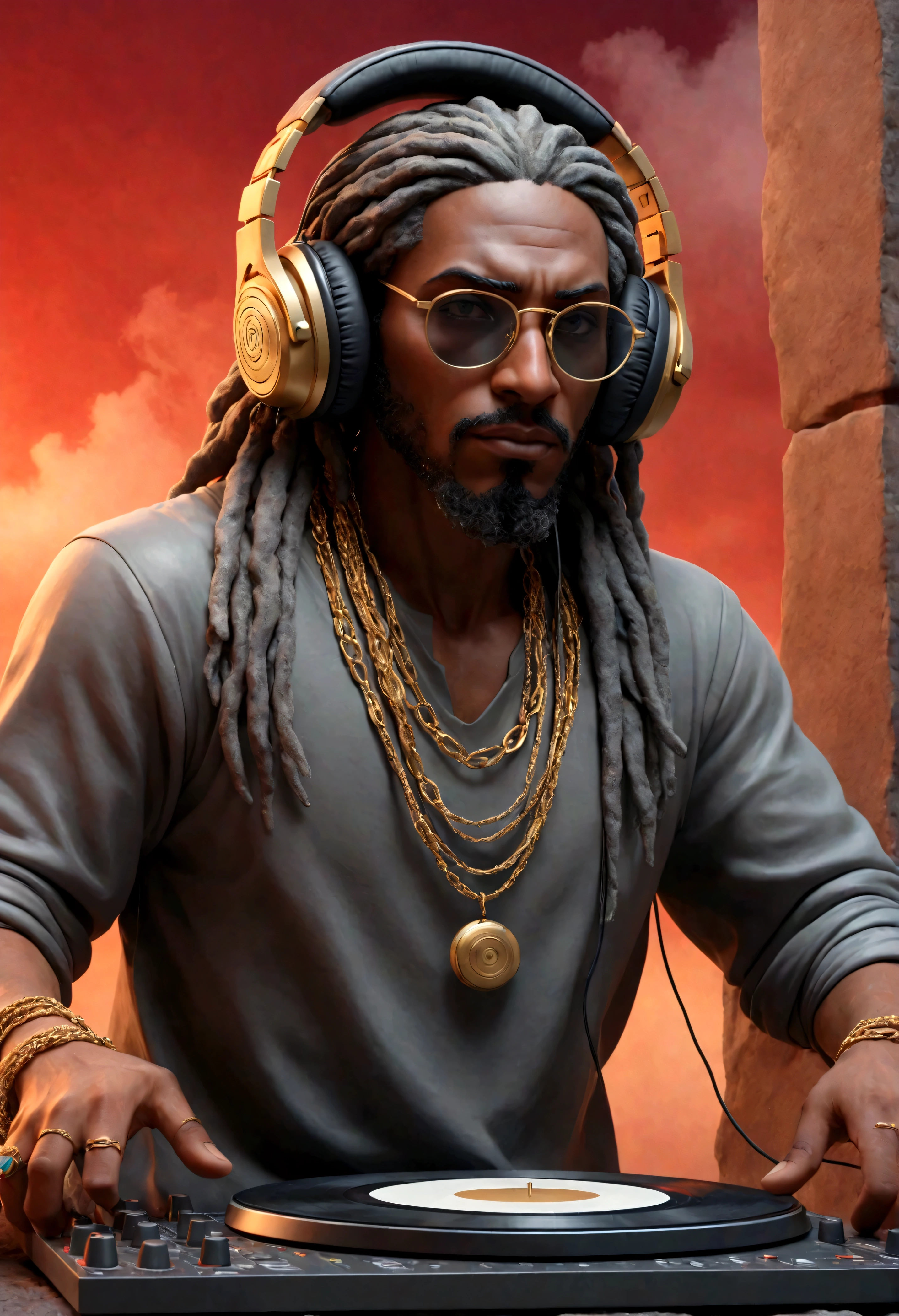 A stoic Greek man made of gray stone with one hand adjusting the headphones and the other on the soundboard.. A toned body with DJ, a thick fog all around, a red beam in the sky illuminates the fog. In the background there are black mystical mountains, bright colors, high contrast of tones, dark atmosphere, seen from above. The figure must be in a dynamic pose, with one hand adjusting the headphones and the other on the soundboard🎚️. The sculpture must have the following characteristics: Headphones, Large and modern, detailed carved in marble. Gold Chain: A robust and well-detailed chain hanging from the neck.Transparent Glasses: Glasses with a translucent appearance, sculpted to look like glass.Rasta Hair: Dreadlocks falling forward, partially covering the face, but without hiding important details.4k image 8k beautiful and very detailed high quality full shot