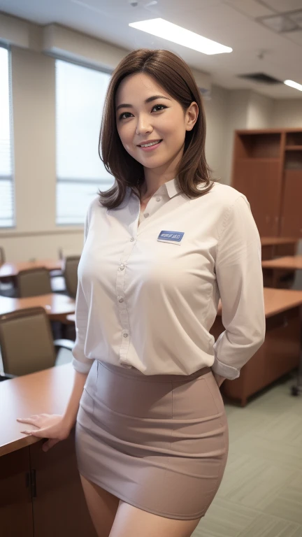 ((highest quality, 8k, masterpiece, Portraiture: 1.3)), (Looking at the audience), (Full Shot:0.85), Attractive business mature woman, 1 person, A little thick:0.4,Light brown medium hair、 ((In underwear)), Grey tight skirt,((big 1.6)) (Large pelvis:0.9), ((Are standing)), conference room、,Good posture、午後の強い日差しの差し込むconference room、Bright room、((A kind smile))、A captivating gaze、