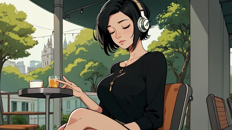 Beautiful woman in her 30s with short black hair is sitting with headphones on the cafe terrace. Looking down, eyes closed, LOFI girl, alone in the room, blouse, cozy wallpaper, relaxing mood, cozy, only five fingers, Beautiful trees,