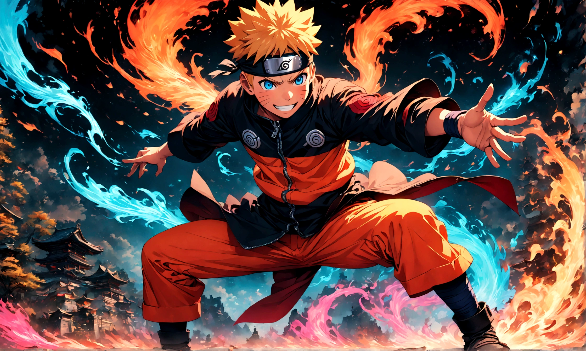 (1 teenager,uzumaki naruto),comics『Naruto』character,Focus on boys,Scroll to expand,Use of magic,Fighting Style,Sarcastic smile,Magical Effects,Intricate details,Wide range of colors,artwork,rendering,(masterpiece:1.3),(highest quality:1.4),(Very detailed:1.5),High resolution,Very detailed,unity 8k wallpaper,Enjoy the fight,Draw a nine-tailed fox in neon colors on the background
