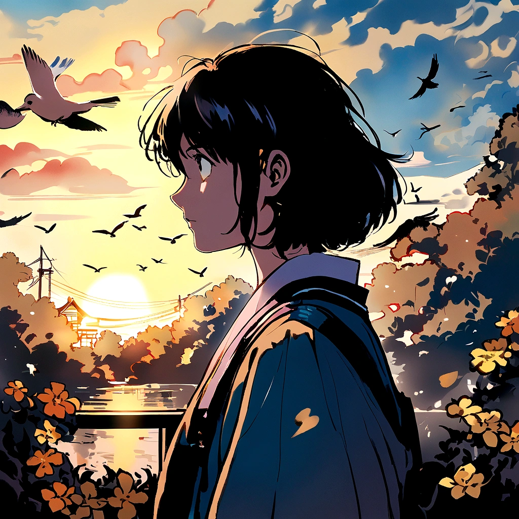flowers and birds, Japanese manga style, desenhando, Cor aquarela.