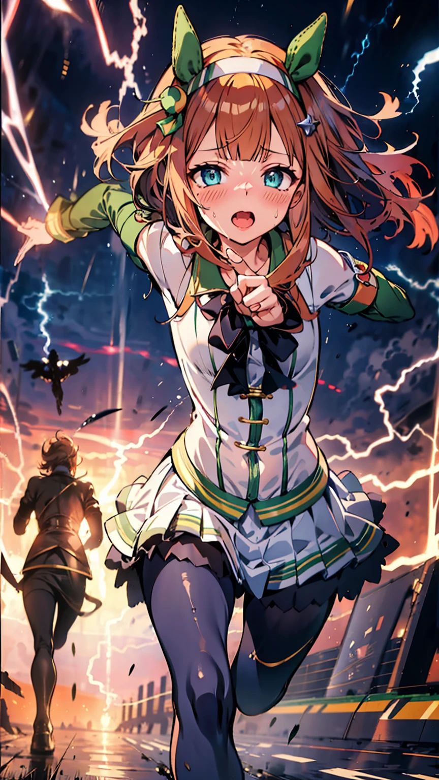 Best image quality、High resolution、masterpiece、super high quality、Arena、Run、颯爽とRun、Sweaty、Very short pleated skirt、Heavy breathing、Blushing、4K quality、Black Pantyhose、shout、Explosive、Burst speed、Sonic、light speed、Open your mouth wide、もの凄い勢いでRun、A big storm is brewing