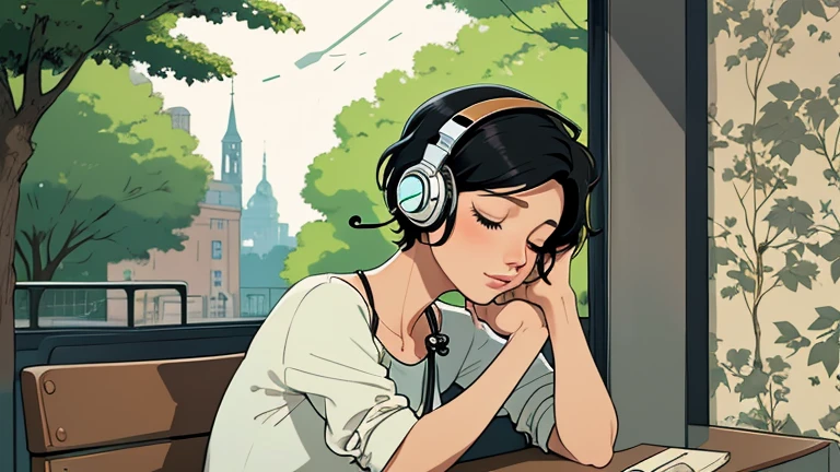 Beautiful woman in her 30s with short black hair is sitting with headphones on the cafe terrace. Looking down, eyes closed, LOFI girl, alone in the room, blouse, cozy wallpaper, relaxing mood, cozy, only five fingers, Beautiful trees,