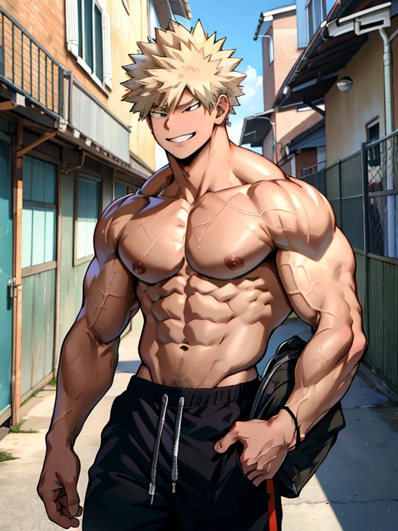Bakugo Katsuki《My Hero Academia》, Wear black sweatpants,Topless, Smile, Bodybuilder, definition, muscular,Big Muscle,Big abdominal muscles