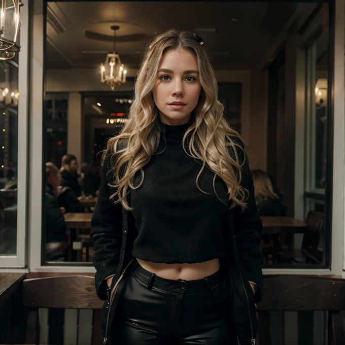 a white woman with wavy blonde hair and green eyes wearing a black pants and black winter coat in front of a restaurant with glass decorations, detailed facial features, detailed clothing, cinematic lighting, photorealistic, dramatic composition, fantasy, intricate details, high quality, 8k, best quality, masterpiece
