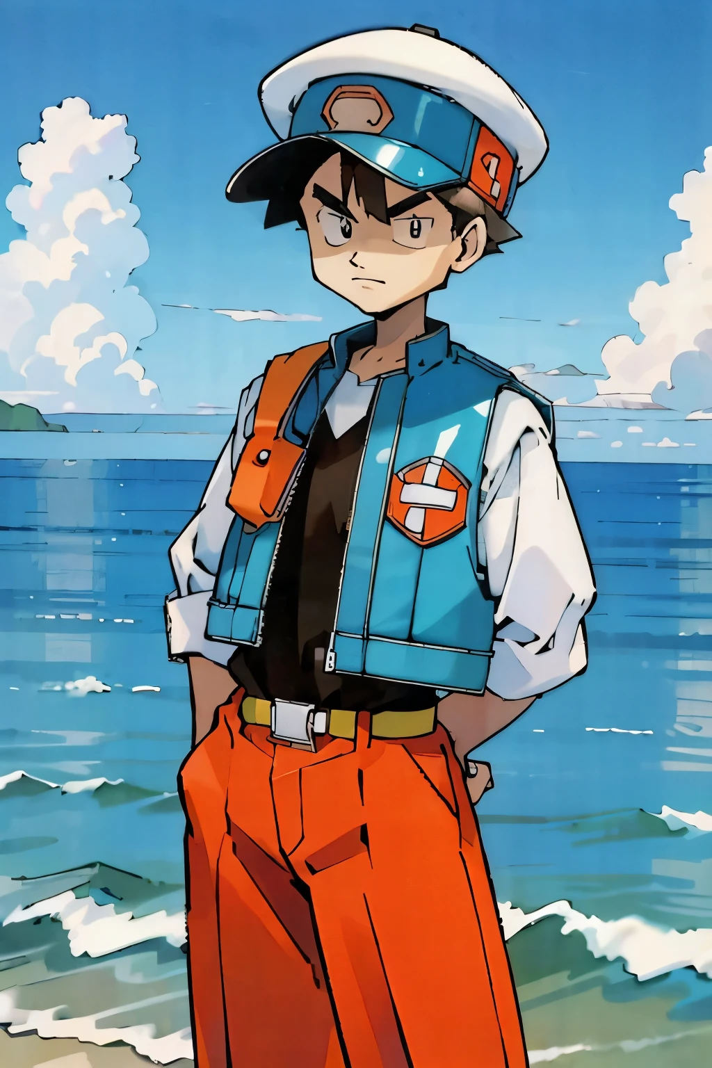 by Ken Sugimori, sugimori 1990s, ((only 1man)), vest, hat, background ocean, ((hands behind their back)), full black pupils, manga, best quality, highly detailed, clean lines, cowboy shot, good hands, good eyes, hd, 8k, professional, symmetrical, hires, 8k,