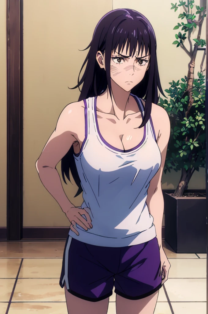(extremely detailed CG unity 8k wallpaper),(masterpiece),(best quality),(ultra-detailed),(best illustration),(best shadow),(absurdres), Iori, 1girl, solo, brown eyes, black hair, long hair, looking at viewer, indoors, closed mouth, (cowboy shot:1), frown, shaded face, parody, blurry, tree, scar, portrait, scar on face, serious, gym background, tank top, medium breast, purple hair, gym shorts, cleavage,