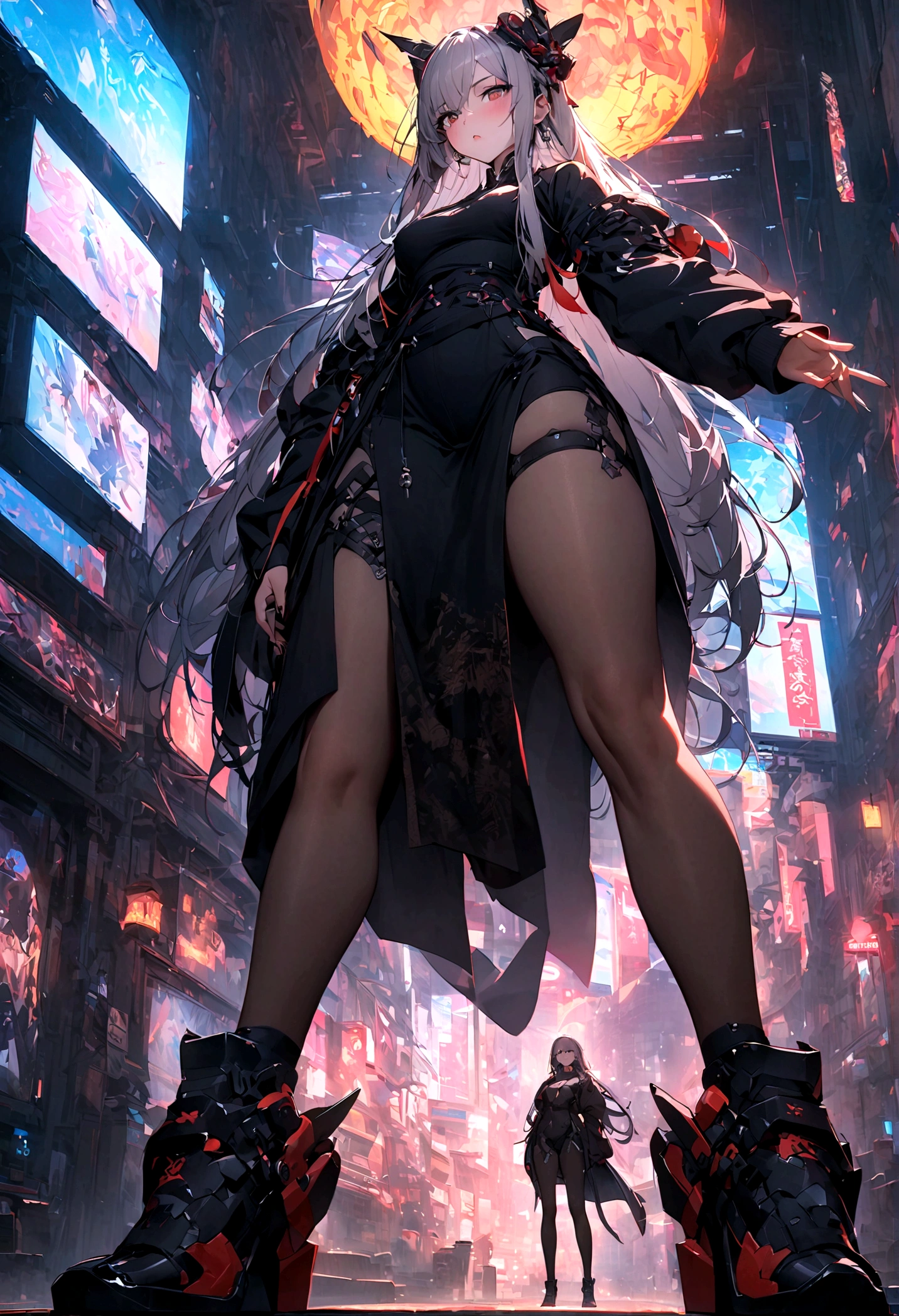 masterpiece,best quality,high resolution, 1 Girl,from below,(The legs are very thin and straight)，,(Very long legs，Straight Legs),,High heel,long legs,stand up, Leg length when viewed from the front, Perfect body,Have perfect legs,(Exterior)，Full Body Love，cyberpunk characters，dynamic poses，1 Girl，Exquisite eyes，Brown eyes，Eyeshadow，make up，Long gray hair， Detailed face， delicate eyes， Looking at the audience， blush\（make up\）， Plump lips， Red lips，（Long gray hair：1.3）， （stand up）Mechanical static，Machine Summoning，(Hair accessories:1.1)，Headgear，Chinese clothing，On cheongsam，Online Hanfu，White Coat，City，Luminous winding，glowing butterfly，cyberpunk lamp:1.1)，Neon，Fully mechanical and futuristic elements，science and technology，背景是一條中國傳統的street，China Town， street， sky sky， cyberpunk characters， Paper lanterns， Neon Super Resolution，（Reality：1.3），1（Slim：1.2），Dramatic Lighting，Vibrant details，Luxury Cyberpunk，Complex background，Octane Rendering，Draw from a bird&#39;s-eye view
