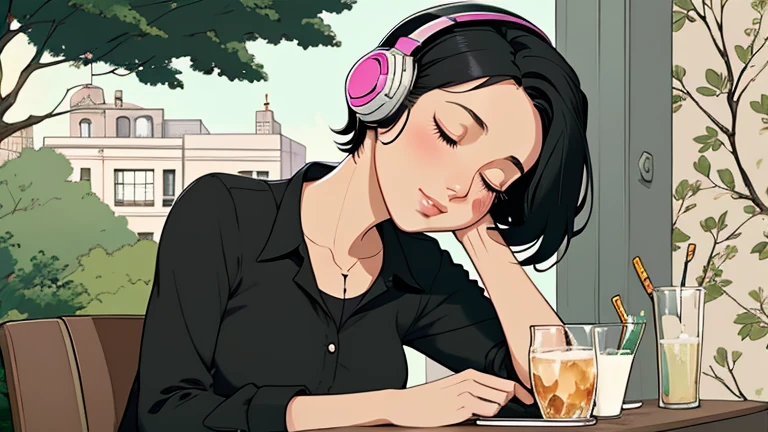 Beautiful woman in her 30s with short black hair is sitting with headphones on the cafe terrace. Looking down, eyes closed, LOFI girl, alone in the room, blouse, cozy wallpaper, relaxing mood, cozy, only five fingers, Beautiful trees,