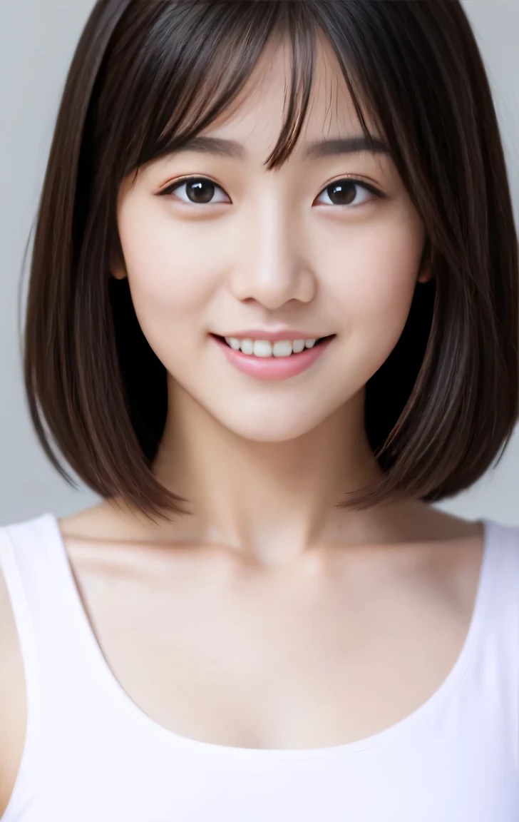 14years japanese girl、cute smile at the viewer, (arms at sides:1.2), standing straight, Short-cut hairstyles 、、summer School Building、Skinny Legs、Extraordinary beauty、Cute face、The best smile、Cute smile、frontage、slender、Schools、 (Raw foto:1.2), (Photorealsitic:1.4),　a beautiful detailed girl, extremely detailed eye and face, beatiful detailed eyes, huge filesize, hight resolution, ighly detailed, top-quality, ​masterpiece, ((Japanese girls' high school uniform:0.0)), ighly detailed, nffsw, 8k wallpaper, magnifica, finely detail, top-quality, (Highly detailed ticker short sleeves uniform:0.0)、 Light on the Face、light、tank top , crop top, cute pink bra,  photo from the thigh up, 
