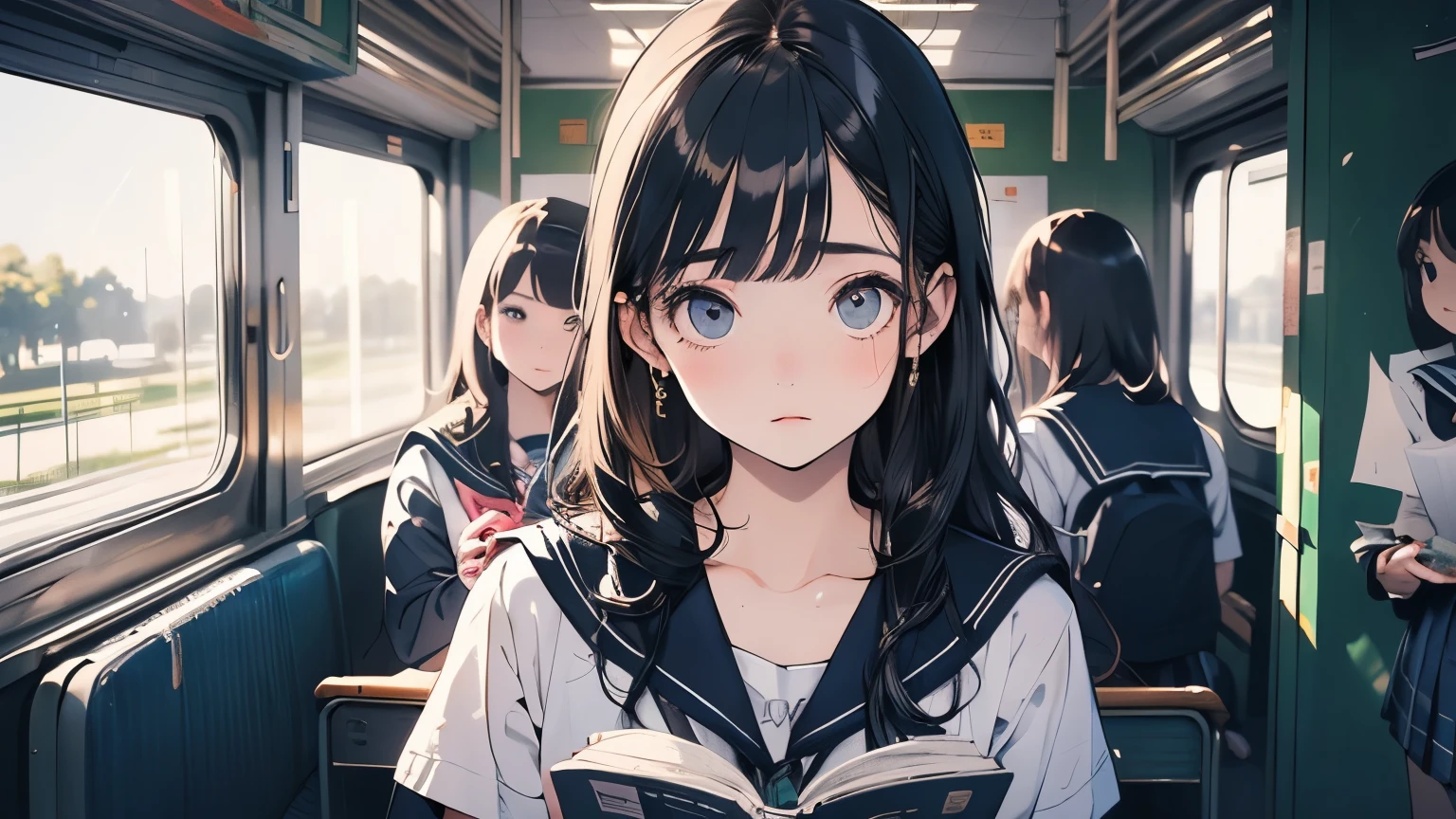 ((Beautiful schoolgirl:1.5),High resolution, highest quality),Wearing a sailor uniform,Super detailed, Big bright eyes, dark and brilliant curly hair, Sad look, Rosy Cheeks, Soft Light, Pure white background. riding a train,Reading a book,whole body,Attractive legs