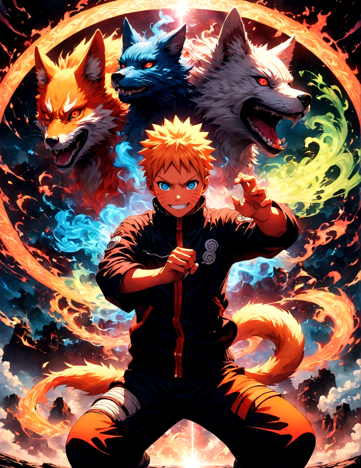 (1 teenager,uzumaki naruto),comics『Naruto』character,Focus on boys,Scroll to expand,Use of magic,Fighting Style,Sarcastic smile,Magical Effects,Intricate details,Wide range of colors,artwork,rendering,(masterpiece:1.3),(highest quality:1.4),(Very detailed:1.5),High resolution,Very detailed,unity 8k wallpaper,Enjoy the fight,Draw a nine-tailed fox in neon colors on the background