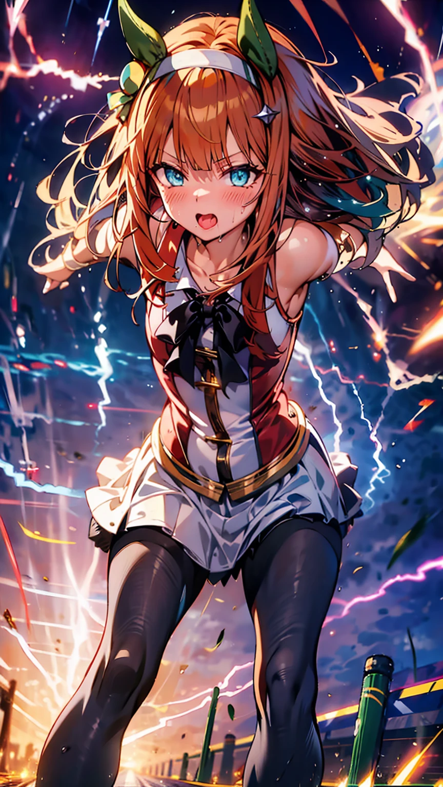 Best image quality、High resolution、masterpiece、super high quality、Arena、Run、颯爽とRun、Sweaty、Very short pleated skirt、Heavy breathing、Blushing、4K quality、Black Pantyhose、shout、Explosive、Burst speed、Sonic、light speed、Open your mouth wide、もの凄い勢いでRun、A big storm is brewing