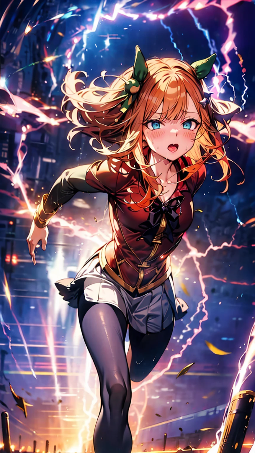 Best image quality、High resolution、masterpiece、super high quality、Arena、Run、颯爽とRun、Sweaty、Very short pleated skirt、Heavy breathing、Blushing、4K quality、Black Pantyhose、shout、Explosive、Burst speed、Sonic、light speed、Open your mouth wide、もの凄い勢いでRun、A big storm is brewing