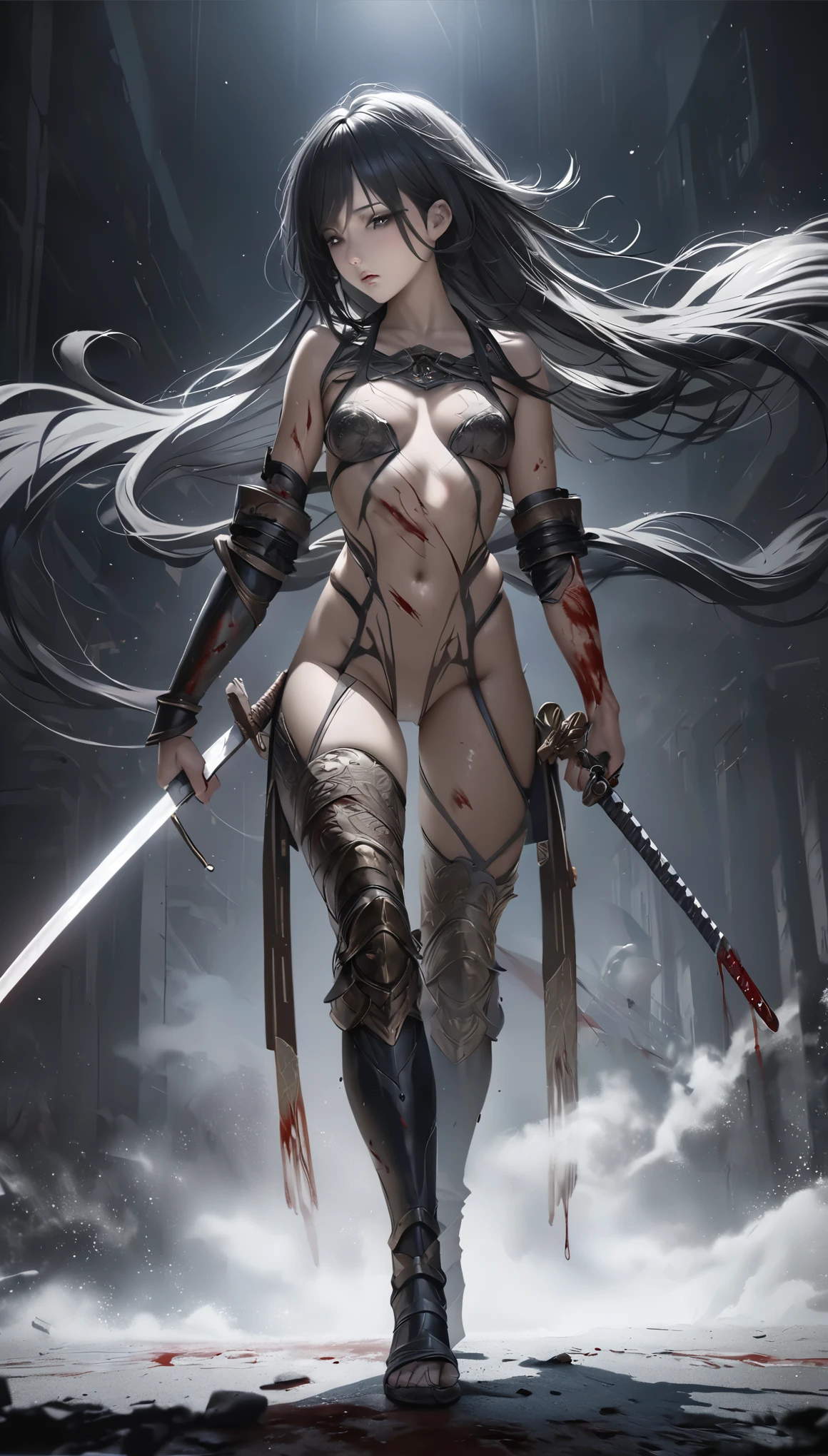 (RAW Photos, 4K, Realistic, Exquisitely rendered skin), masterpiece, highest quality, Official Art, unity 8k wallpaper, Very detailed,(Dark Scene,Inconspicuous key,Soft lighting), Cinematic look,high color saturation,Best Anatomy,Volumetric Fog,
a samurai girl, Because I'm Slim, Cowboy Shot,
1 girl,arms,sword,Long Hair,Black Hair,Holding,alone,Holding arms,Blood,Holding sword,Arm guard,Simple Background,Blood on arms,Looking at the audience,black eye,or,Floating Hair,