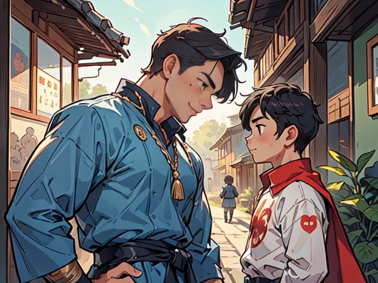 (Masterpiece), (best quality), ((super-detailed)), (shotaoni:1.5),((1 boy and 1 adult mature male)), (gay), looking at another, (The boy in power)、Adult male obeying the orders of the master boy, Pompous and smug children