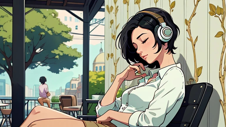 Beautiful woman in her 30s with short black hair is sitting with headphones on the cafe terrace. Looking down, eyes closed, LOFI girl, alone in the room, blouse, cozy wallpaper, relaxing mood, cozy, only five fingers, Beautiful trees,