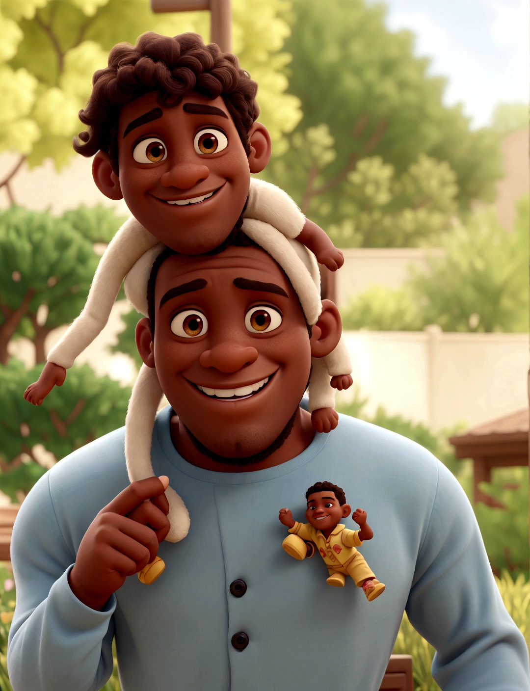 there is a man holding a on his shoulders, photorealistic disney, disney photo realistic, toy commercial photo, pixar portrait 8 k photo, real-life brook, father with , with a kid, brown skin man with a giant grin, ( ( dark skin ) ), realistic movie still, realistic cartoon, realistic cgi, promotional render, hyper real render