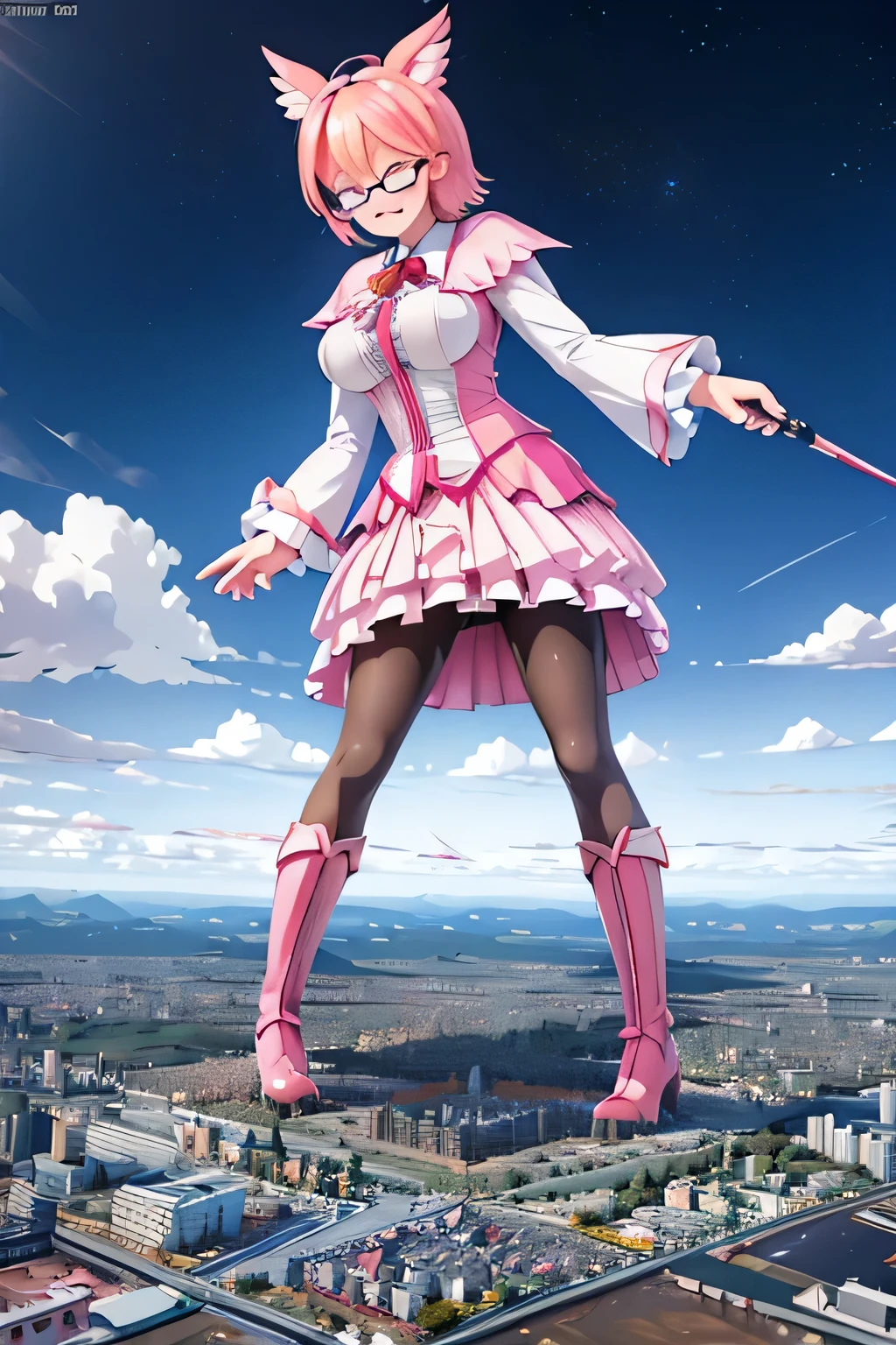 giantess art, highly detailed giantess shots, giantess, Two legs, Five fingers, short hair, A beautiful girl who is bigger than a skyscraper, Wearing rimless glasses, smile, huge breasts, pink and white dress, bow, magical girl, holding a magical wand, black pantyhose, pink stiletto heels, thunderbolt from a magical wand, Destroying cities, A very small big city, Miniature metropolis, Full body description, GTS, giga giantess, stomping city, crash city, tiny city, micro city, pantyhose feet, High resolution, highest quality, masterpiece, peeing self, futanari, her huge erect penis is pushing up her skirt,