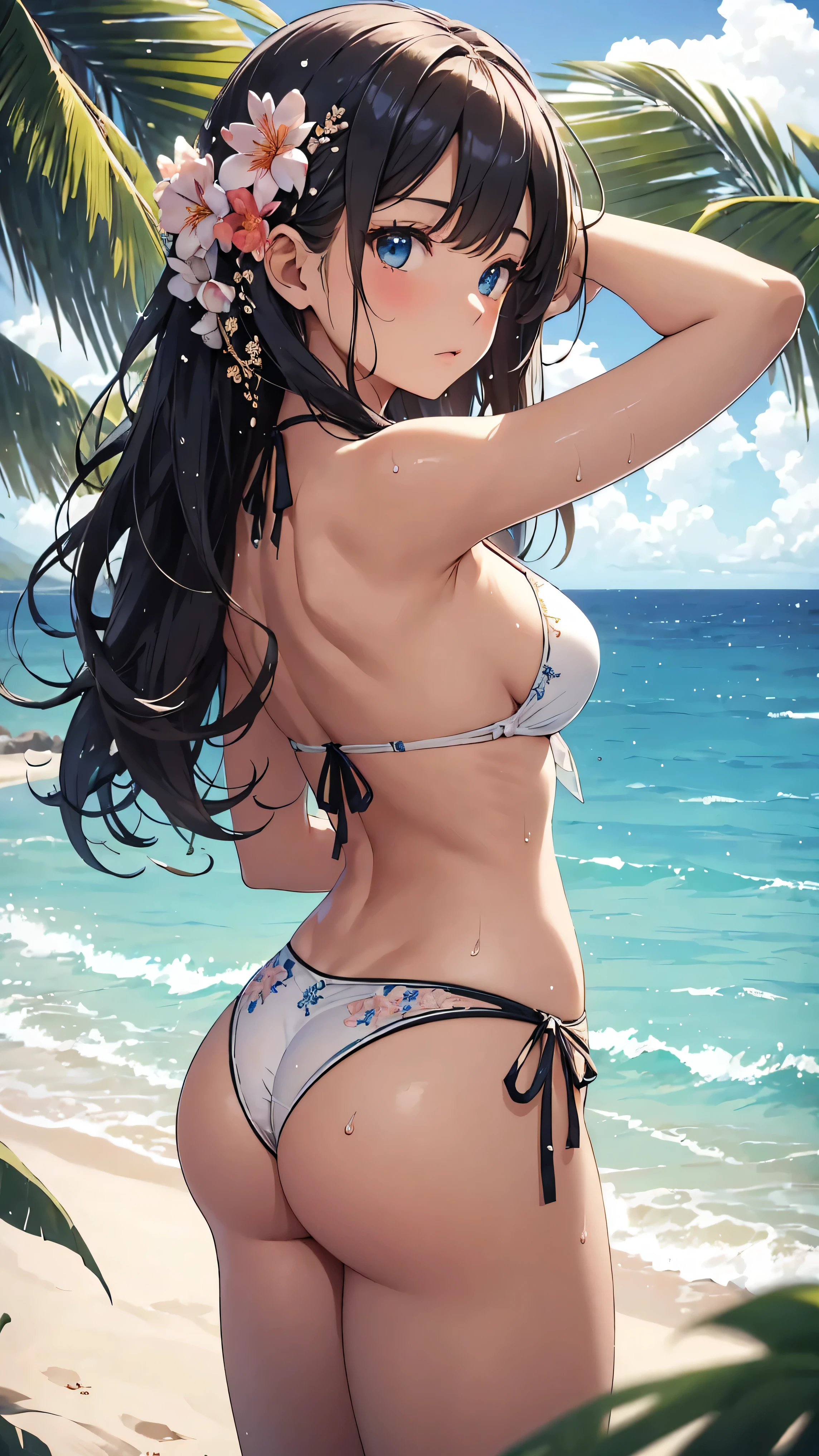 masterpiece、Massive landscape((Clear、Vast sandy beaches、Mysterious Sea))、About 20 years old、a beauty girl、huge tit、The bikini、Delicate embroidery、Tie your hair together and pin flowers、Farbe々Pose、Wet hair、Body is wet、perspiring、Arms behind your back so you can see your sides