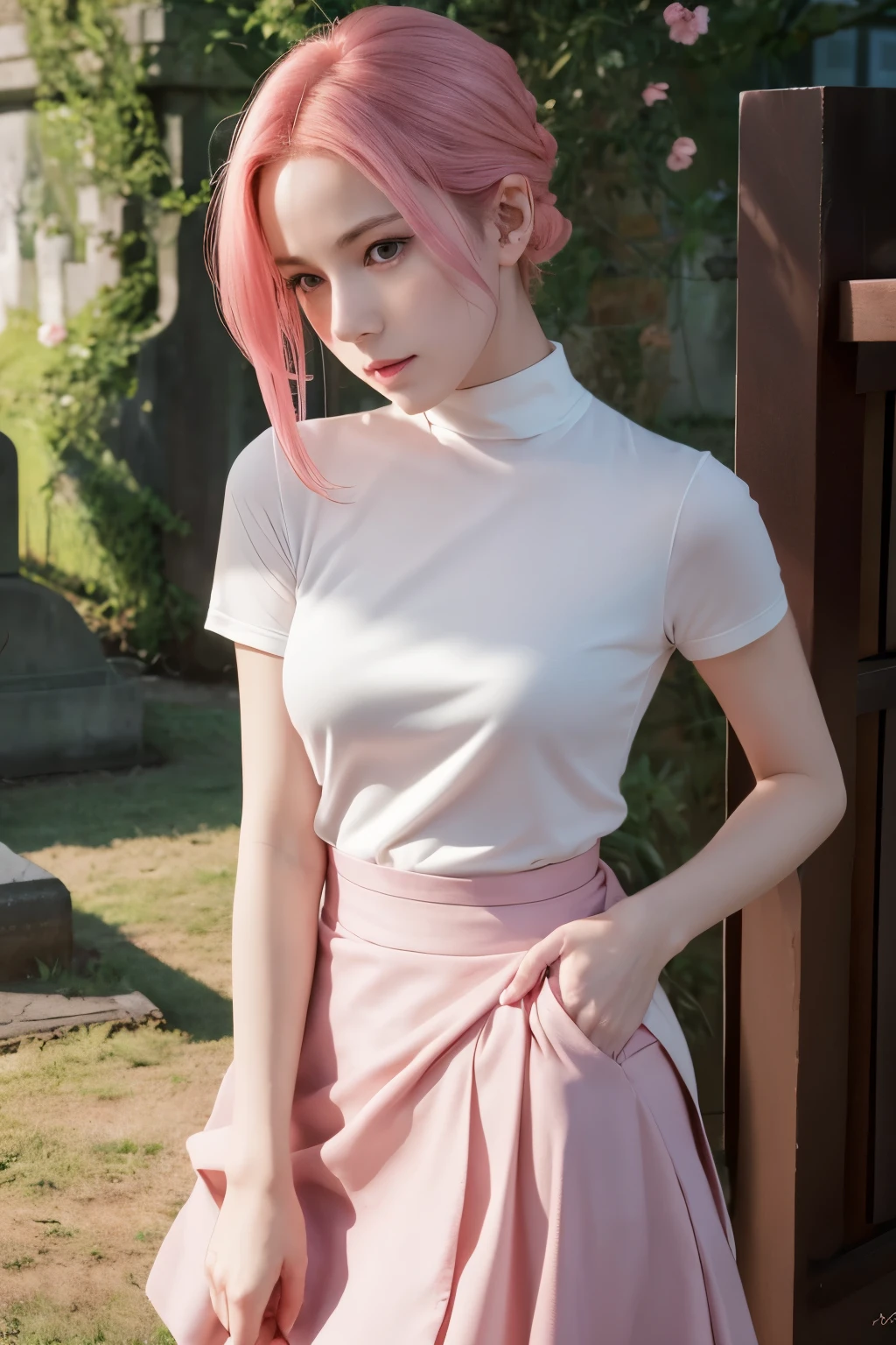 Sakura haruno, Shippuden, ((alone)), alone, ((Forehead Show)), elegant,In a red blouse and a pale pink skirt, Sakura haruno in Naruto Shippuden, Pink Hair, delicate, young, short, be familiar with, High resolution, ((whole body)), whole body, ((Grave)), in a village , Chinese, she is a beautiful woman, beautiful, beautiful and nice woman, beautiful, beautiful, high quality, ojos sharps, High resolution, sharp, sharp strokes, Red ribbon in hair,Art Station Trends, By Rose, Andreas Rocha, Lost Draw, Makoto Shinkai, Laurie Greasley, Lois van Baarle, Information about Ilya Kuvshinov and Greg Rutkowski
