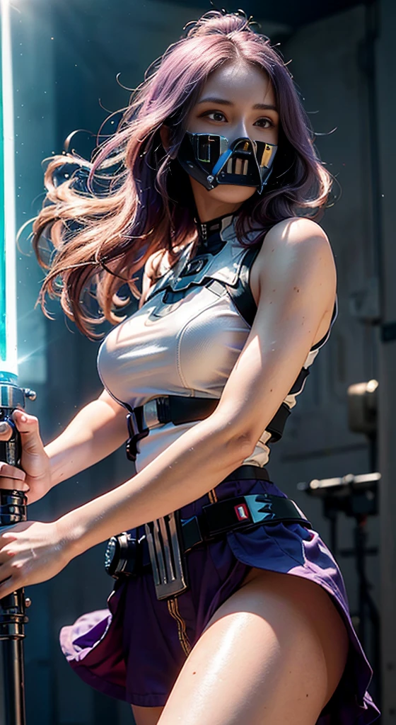 (reality: 1.4), (RAW Photos, highest quality), (reality的, Photorealistic photography: 1.3), highest quality, Very detailed, masterpiece, Hyper Detail, figure, 1 girl, Made as a human, smile, purple Hair, purple Clothes, purple, ((White lightsaber in hand, Lightsaber Dance)), upper_body, Dynamic Angle, World Mastery Theatre, long hair flying, Fluorescent Centred, Dynamic fire background, highest quality, ((Very detailed CG ユニフォーム 8k 壁紙)), ink, wonderful, Cinema Lighting, lens_Flare, wuxia_style、"((超reality的)) cyborg, It looks like an empty mountain, ((Mecha Gold Body)), ((Translucent glass limbs)), Mechanic&#39;s outfit, ((Girl with bad attitude)), Dynamic Lighting, Complex reflections, ((Edgy cyberpunk vibe)).